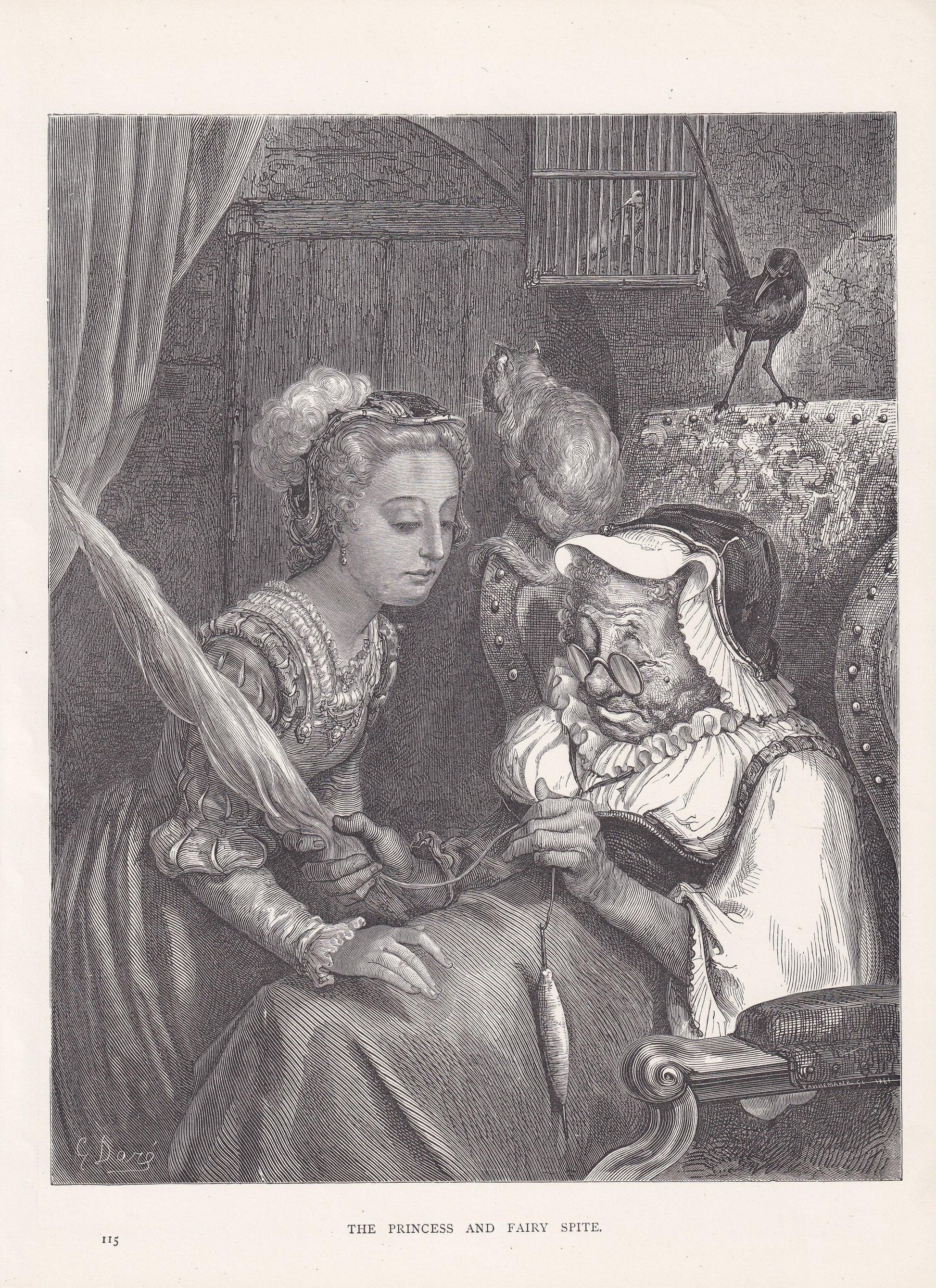 1870 GUSTAVE DORE Print - "The Princess and Fairy Spite" - Dore Wall Art - Antique Dore Engraving - 8.5 x 12.2 Inches