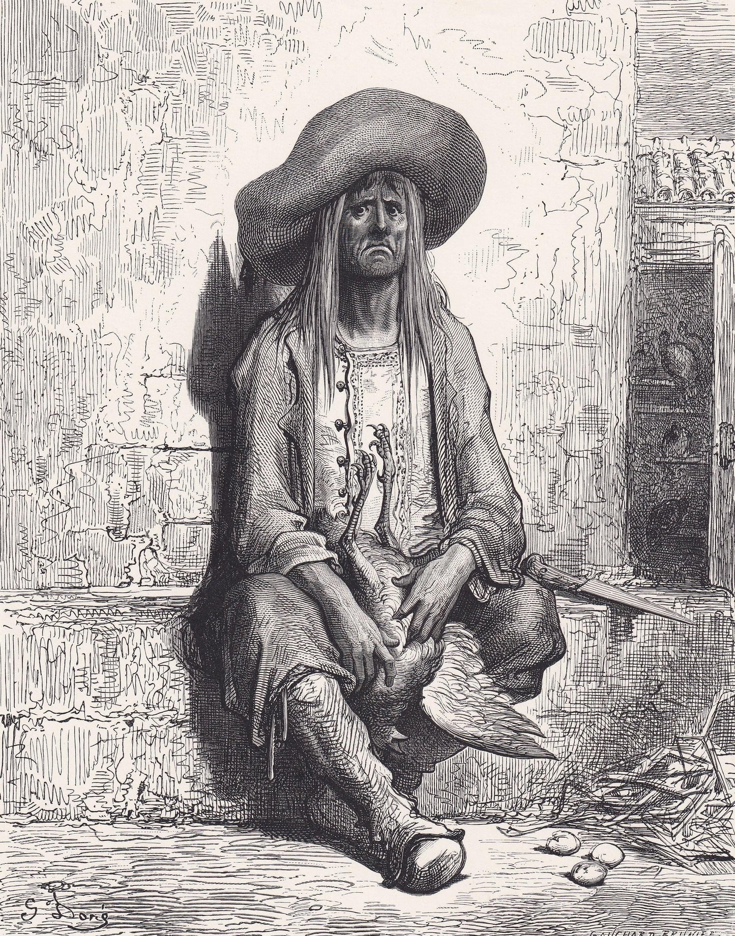 1870 GUSTAVE DORE Print - "The Hen with the Golden Eggs" - Dore Wall Art - Antique Dore Engraving - 8.5 x 12.2 Inches