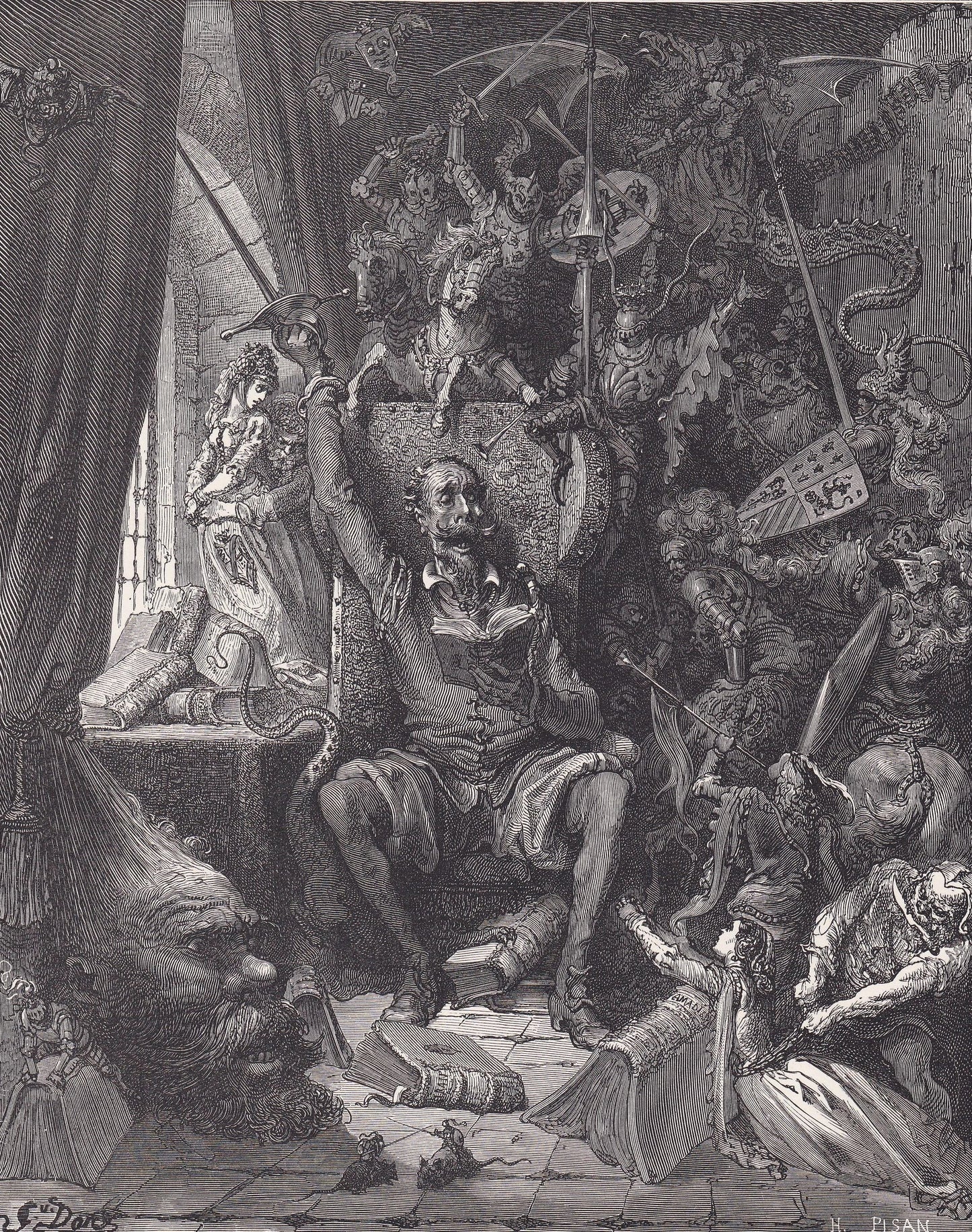 1870 GUSTAVE DORE Print - "Don Quixote In His Library" - Dore Wall Art - Antique Dore Engraving - 8.5 x 12.8 Inches