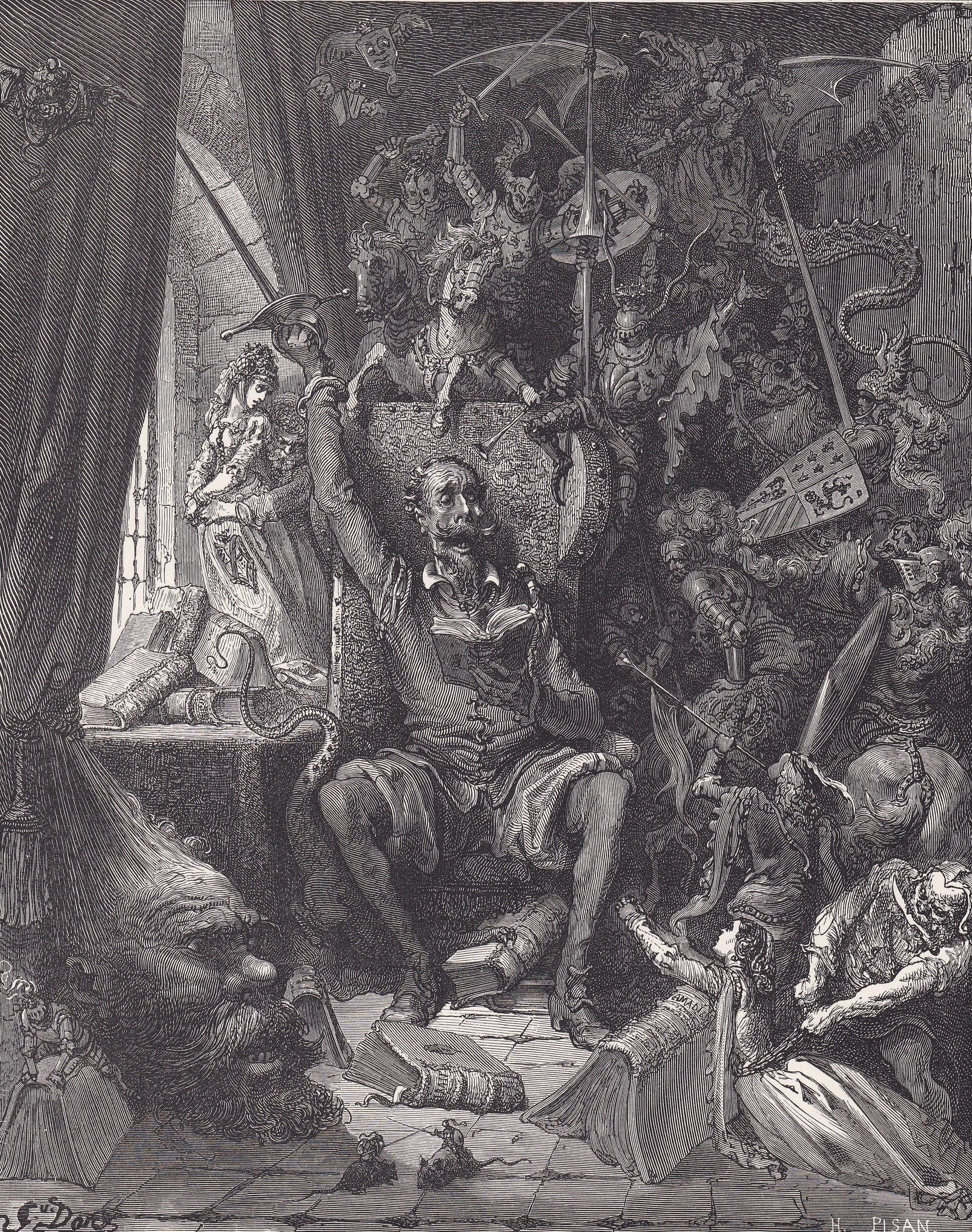 1870 GUSTAVE DORE Print - "Don Quixote In His Library" - Dore Wall Art - Antique Dore Engraving - 8.5 x 12.8 Inches