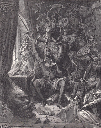 1870 GUSTAVE DORE Print - "Don Quixote In His Library" - Dore Wall Art - Antique Dore Engraving - 8.5 x 12.8 Inches