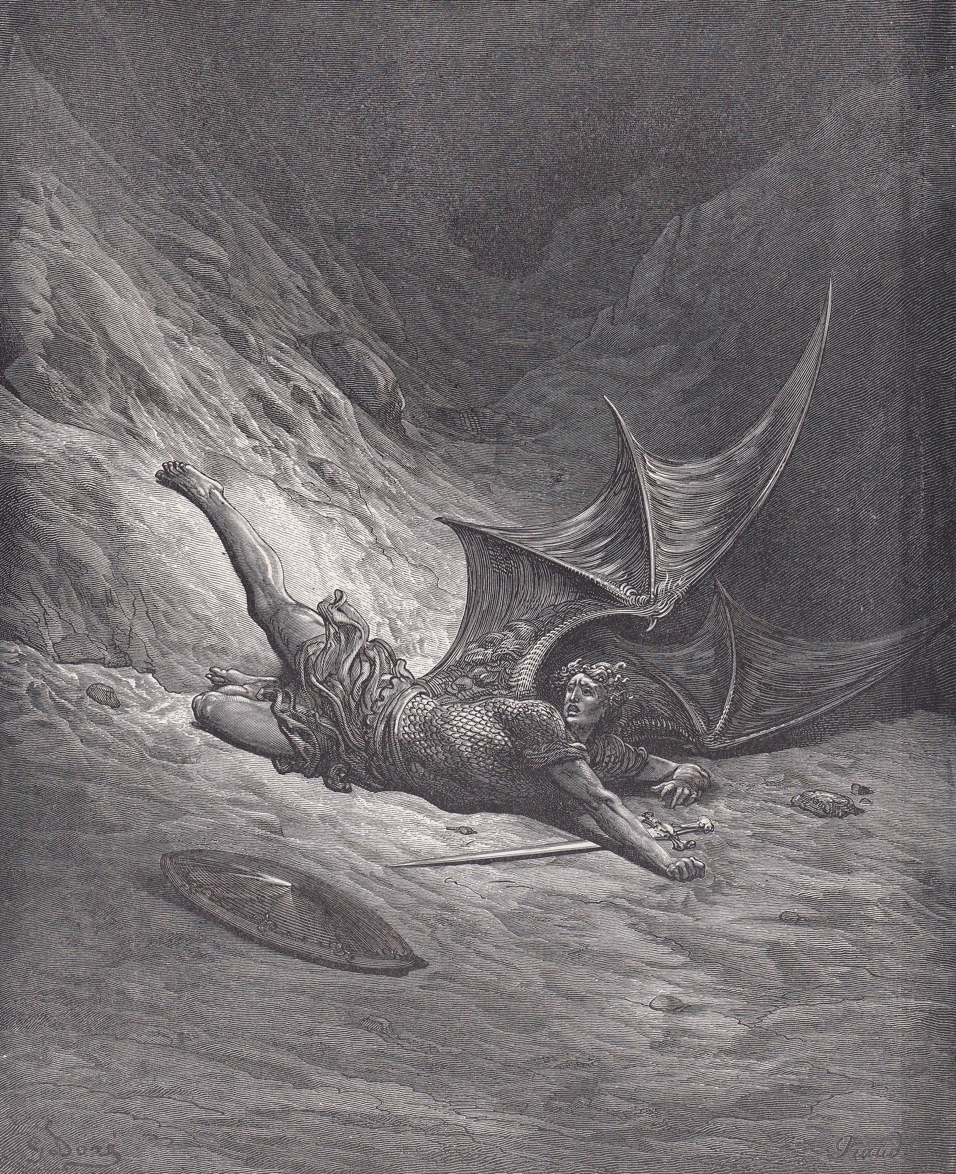 1870 GUSTAVE DORE Print - "Satan Smitten by Michael" - Dore Wall Art - Antique Dore Engraving - 8.5 x 12.2 Inches