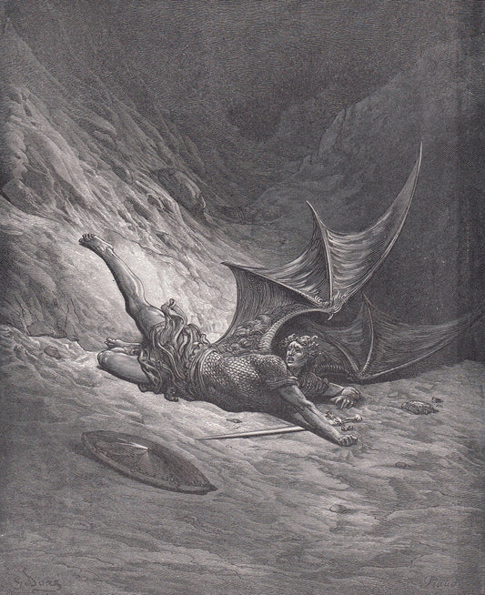 1870 GUSTAVE DORE Print - "Satan Smitten by Michael" - Dore Wall Art - Antique Dore Engraving - 8.5 x 12.2 Inches