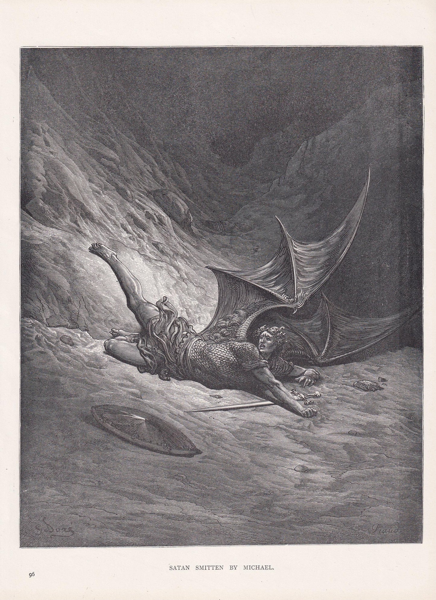 1870 GUSTAVE DORE Print - "Satan Smitten by Michael" - Dore Wall Art - Antique Dore Engraving - 8.5 x 12.2 Inches