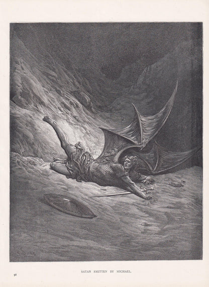1870 GUSTAVE DORE Print - "Satan Smitten by Michael" - Dore Wall Art - Antique Dore Engraving - 8.5 x 12.2 Inches