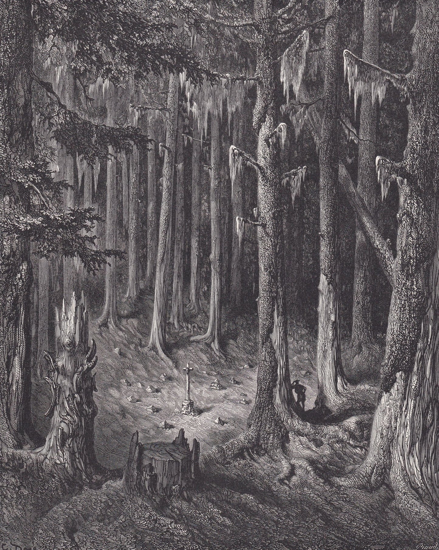 1870 GUSTAVE DORE Print - "The Burial Ground in the Fir Forest" - Dore Wall Art - Antique Dore Engraving - 8.5 x 12.8 Inches