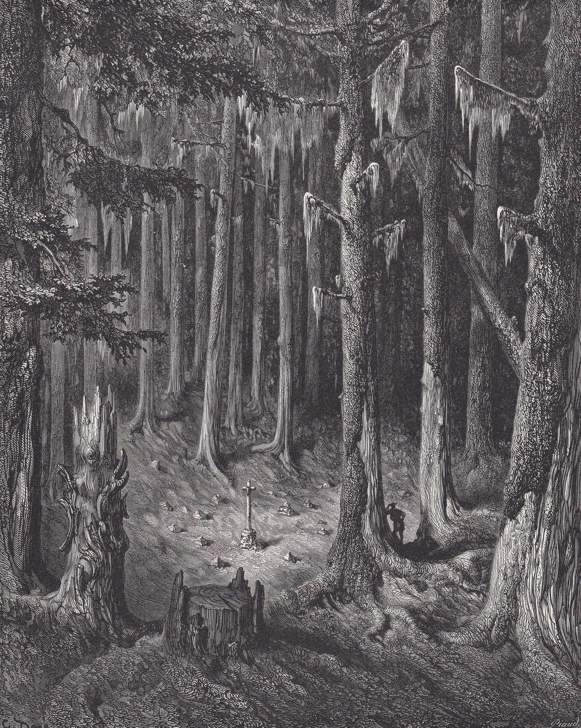 1870 GUSTAVE DORE Print - "The Burial Ground in the Fir Forest" - Dore Wall Art - Antique Dore Engraving - 8.5 x 12.8 Inches