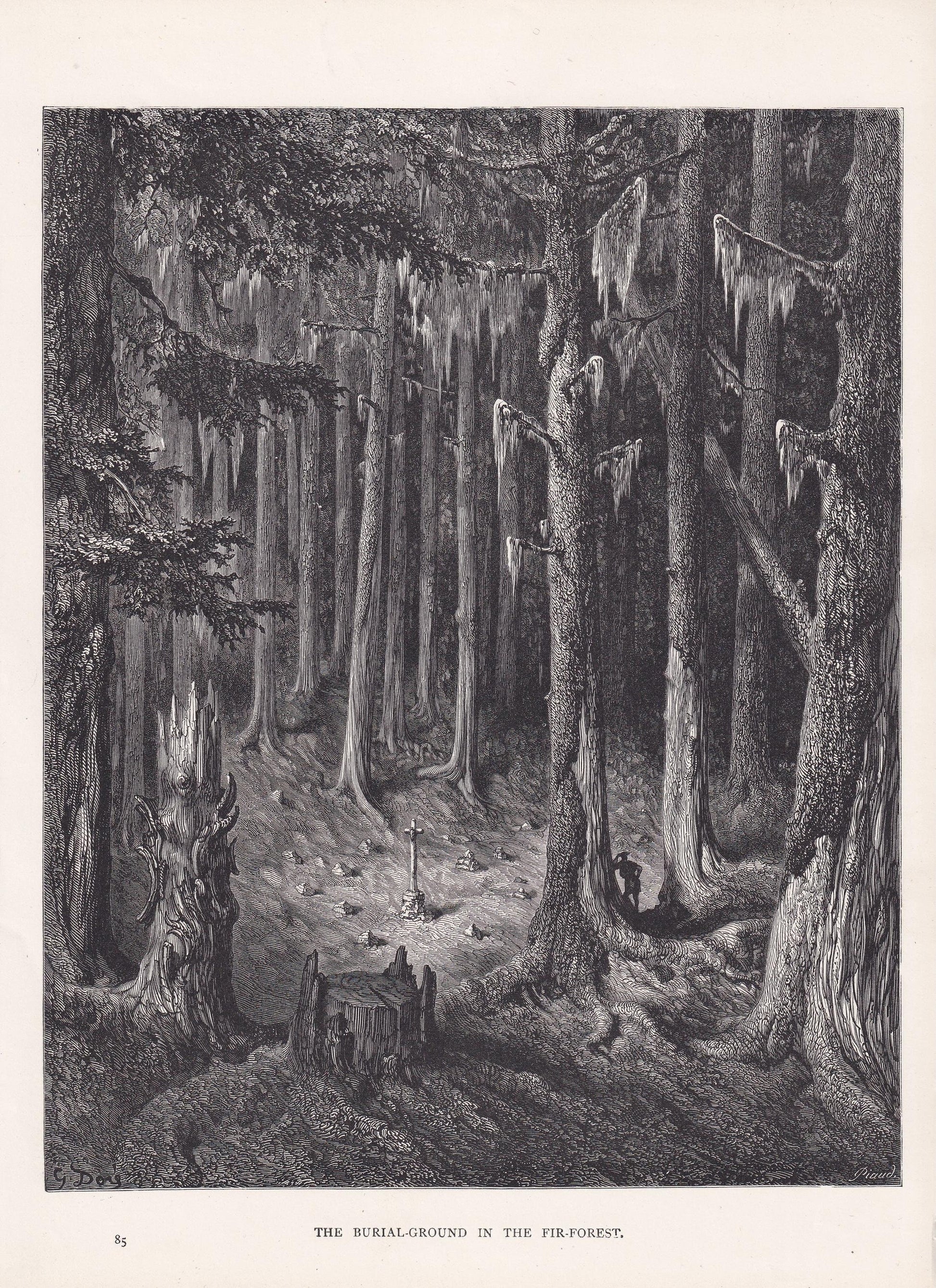 1870 GUSTAVE DORE Print - "The Burial Ground in the Fir Forest" - Dore Wall Art - Antique Dore Engraving - 8.5 x 12.8 Inches