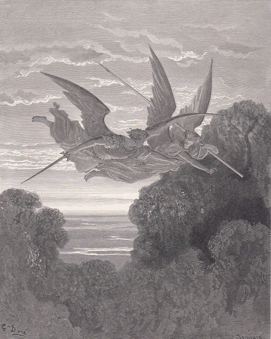 1870 GUSTAVE DORE Print - "Ithuriel and Zephon" - Bible - Angels - Dore Wall Art - Antique Dore Engraving - 8.5 x 12.2 Inches