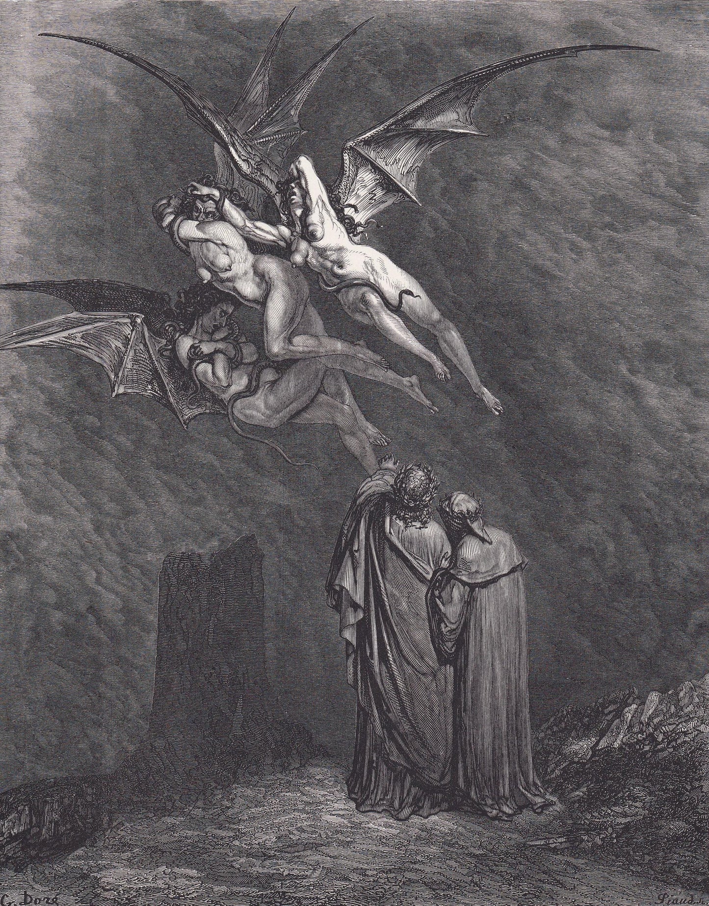 1870 GUSTAVE DORE Print - "The Furies Before the Gates of Dis" - Dore Wall Art - Antique Dore Engraving - 8.5 x 12.2 Inches
