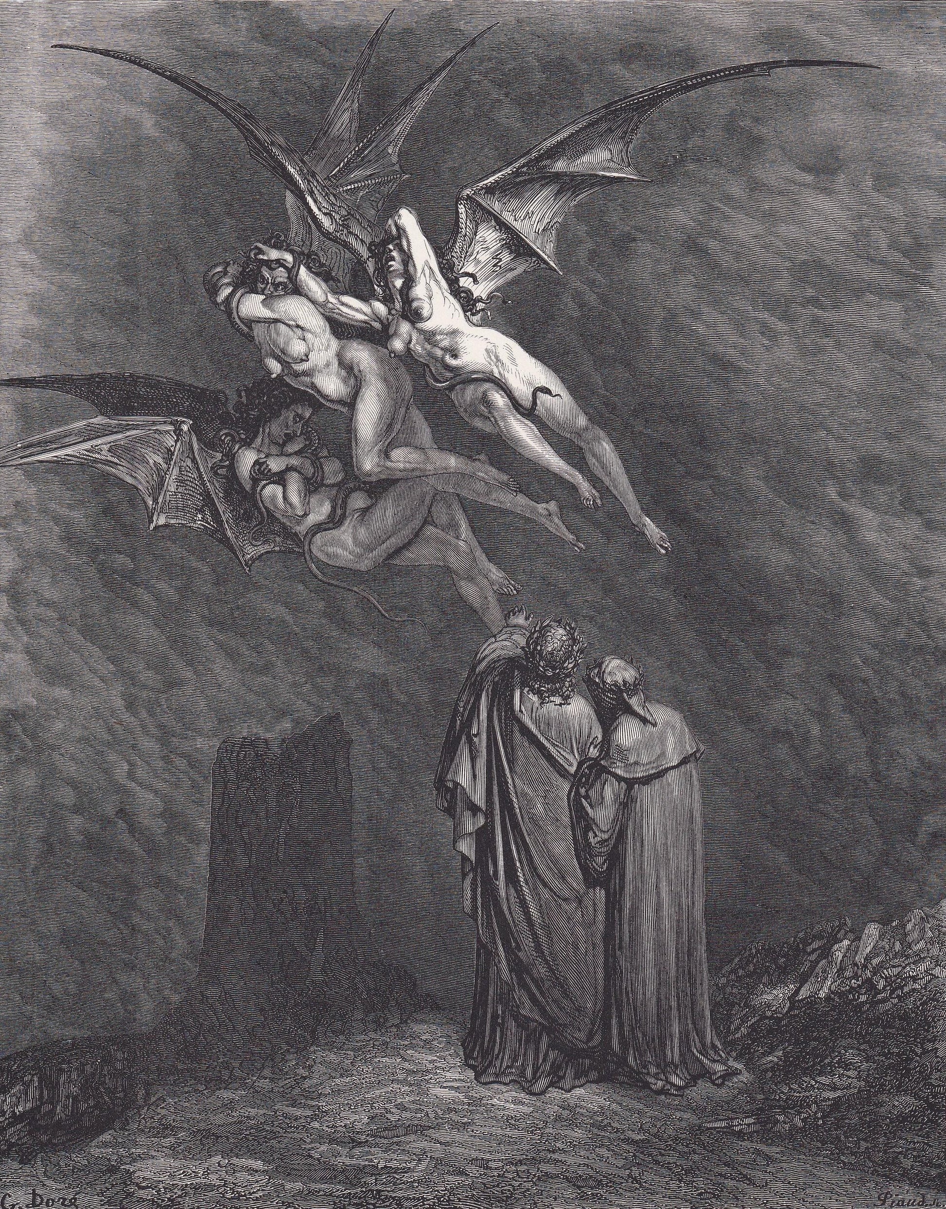 1870 GUSTAVE DORE Print - "The Furies Before the Gates of Dis" - Dore Wall Art - Antique Dore Engraving - 8.5 x 12.2 Inches