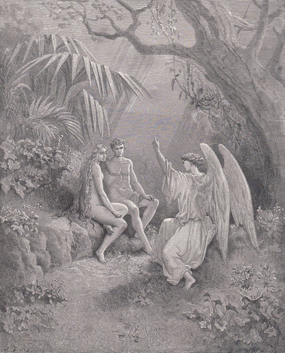 1870 GUSTAVE DORE Print - "The Conference with the Angel Raphael" - Dore Wall Art - Antique Dore Engraving - 8.5 x 12.2 Inche