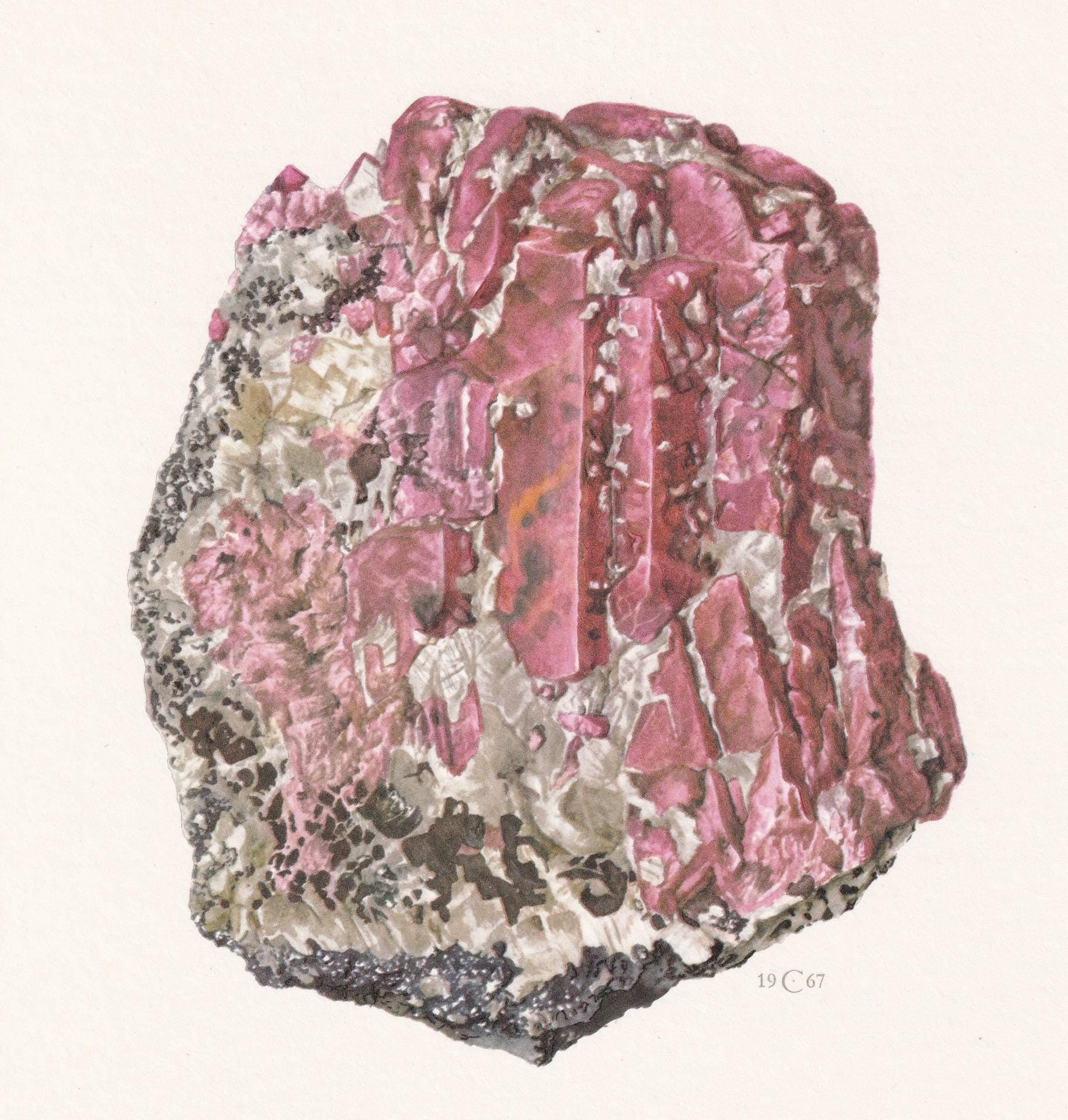 1968 RHODONITE Print - Mineral Wall Art Gift - Mineralogy Decor - Precious Stones - Vintage Rock Art - Element - 7.5 x 10.6 I