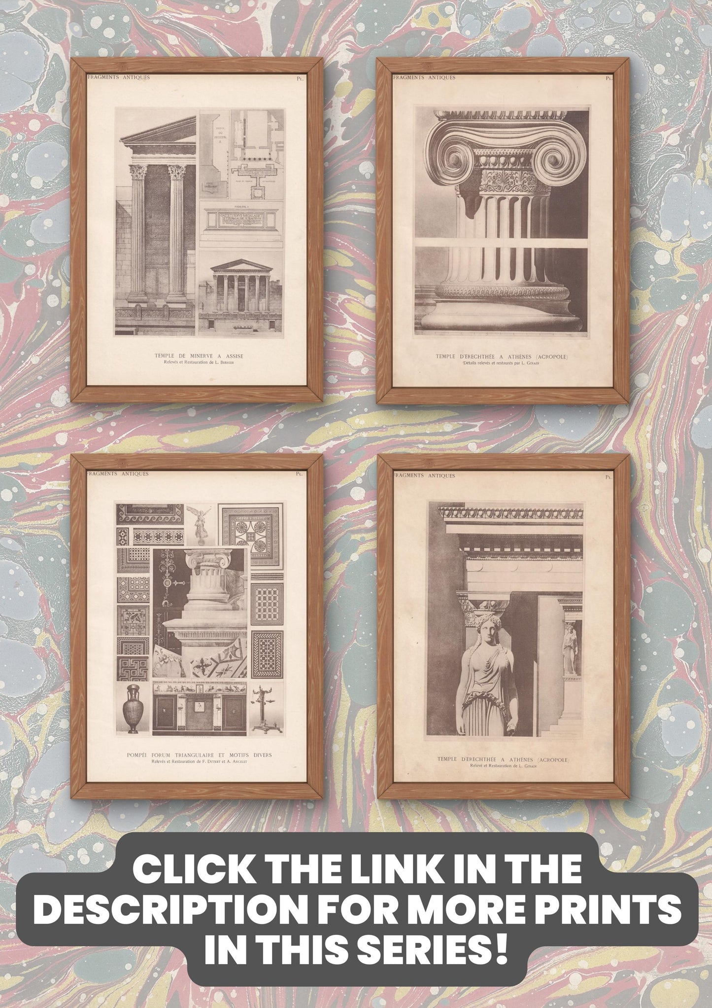 c. 1910 MOTIFS In ROMAN TEMPLE, Rome, Italy - Roman Architecture Print - Roman Greek History - Gift Decor - 8.6 x 12 Inches