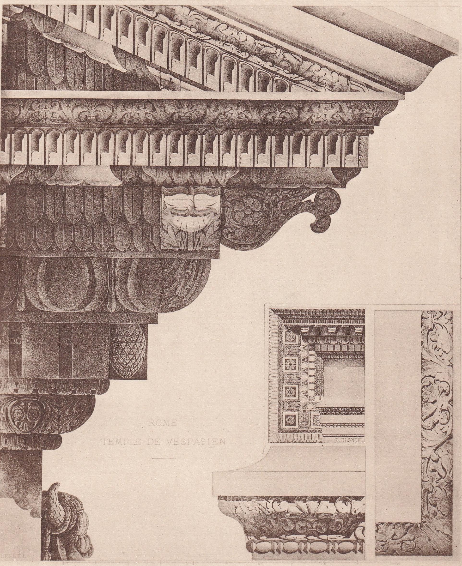 c. 1910 TEMPLE Of VESPASIAN, Rome, Italy - Roman Architecture Print - Roman Greek History - Gift Decor - 8.6 x 12 Inches