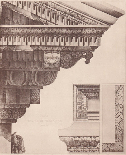 c. 1910 TEMPLE Of VESPASIAN, Rome, Italy - Roman Architecture Print - Roman Greek History - Gift Decor - 8.6 x 12 Inches