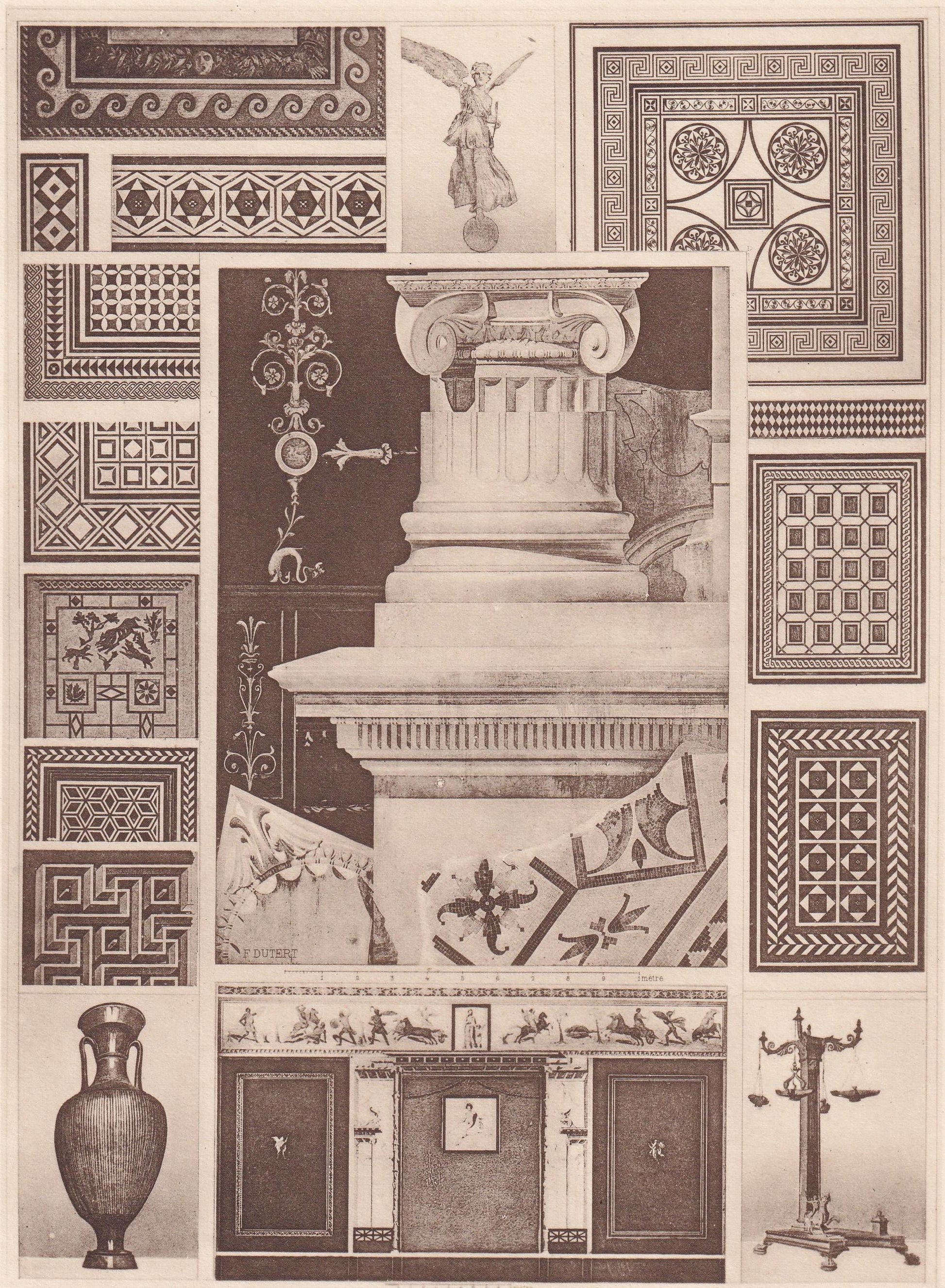 c. 1910 POMPEII: FORUM TRIANGULAR & Various Motifs - Roman Architecture Print - Roman Greek History - Gift Decor - 8.6 x 12 I