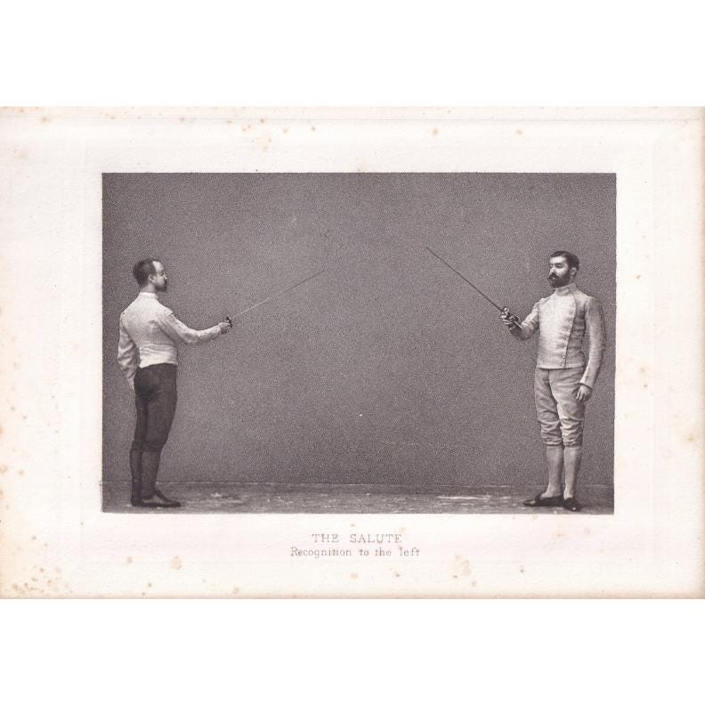 1890 SWORD FENCING Photogravure Print - The Salute, Recognition to the Left - Original Antique - Vintage Sports Wall Art - 7.5 x 5 Inches