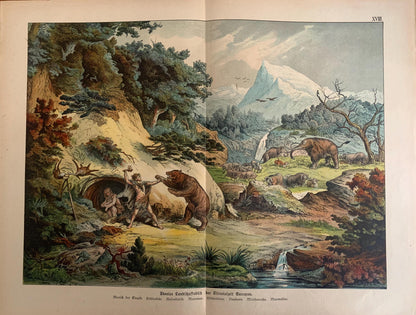 1878 PREHISTORIC MAN & ANIMALS Print - Pleistocene Epoch - Antique Paleoart - Mammoth Wall Art - Cave Bear, Neanderthal - 16.5 x 12.5 Inches
