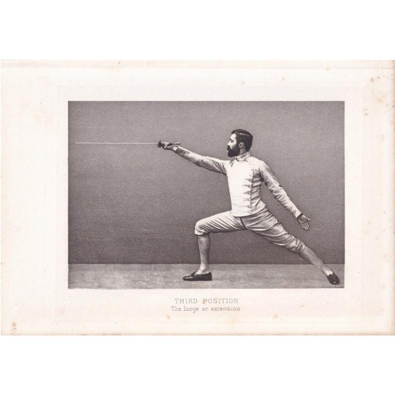1890 SWORD FENCING Photogravure Print - Third Position, Lunge or Extension - Original Antique - Vintage Sports Wall Art - 7.5