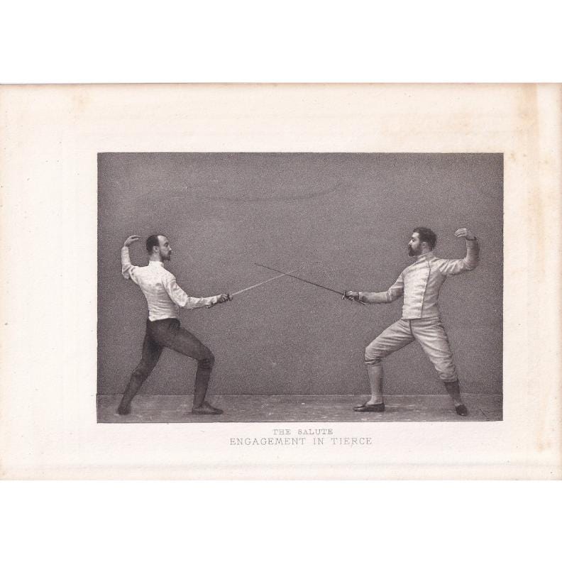 1890 SWORD FENCING Photogravure Print - The Salute, Engagement in Tierce - Original Antique - Vintage Sports Wall Art Decor -