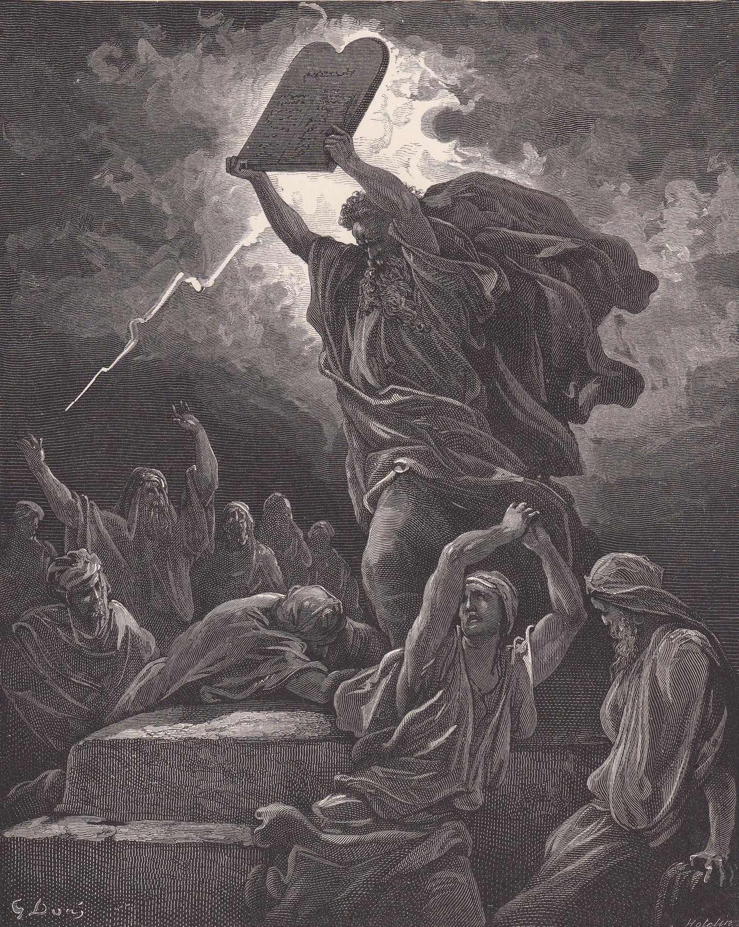 1870 GUSTAVE DORE Print - "Moses Breaking the Tablets of the Law" - Dore Bible Wall Art - Dore Engraving - 8.5 x 12.2 Inches