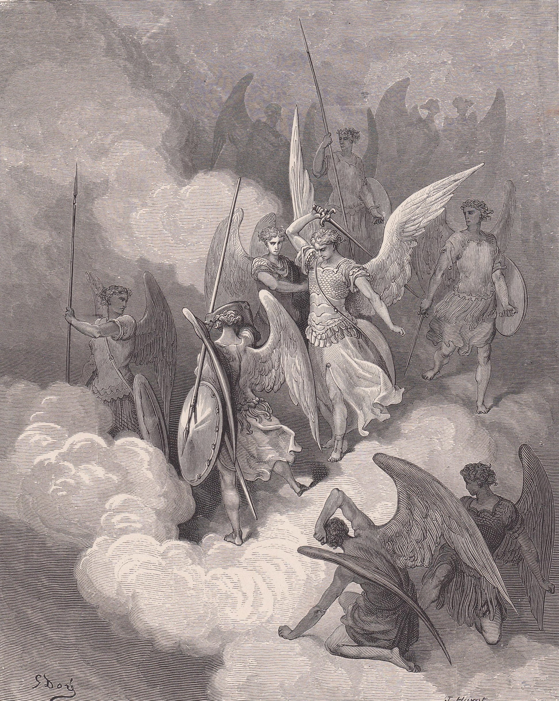 1870 GUSTAVE DORE Print - "Abdiel and Satan" - Dore Bible Wall Art - Dore Engraving - War in Heaven - 8.5 x 12.2 Inches