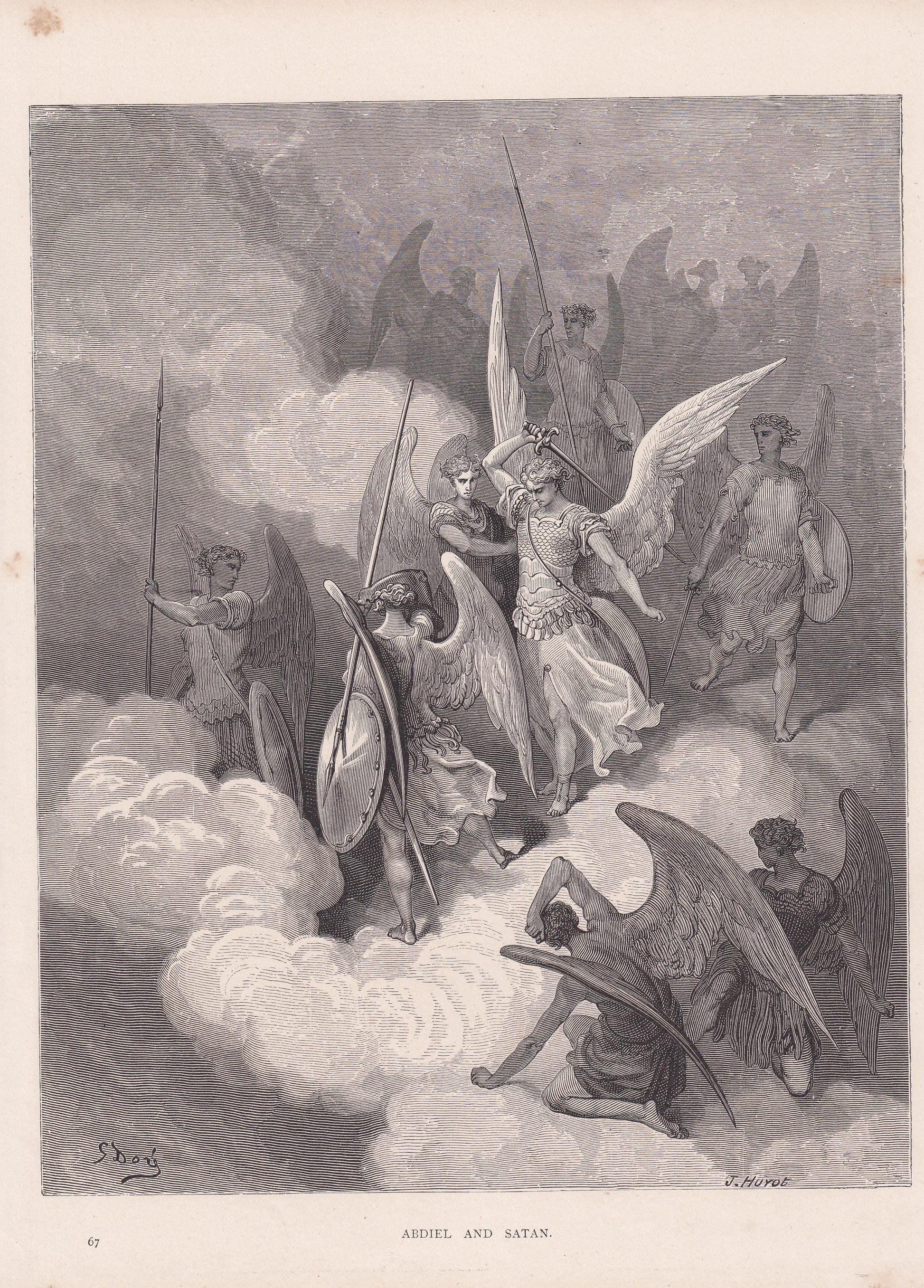 1870 GUSTAVE DORE Print - "Abdiel and Satan" - Dore Bible Wall Art - Dore Engraving - War in Heaven - 8.5 x 12.2 Inches
