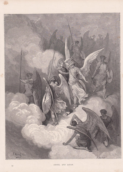 1870 GUSTAVE DORE Print - "Abdiel and Satan" - Dore Bible Wall Art - Dore Engraving - War in Heaven - 8.5 x 12.2 Inches