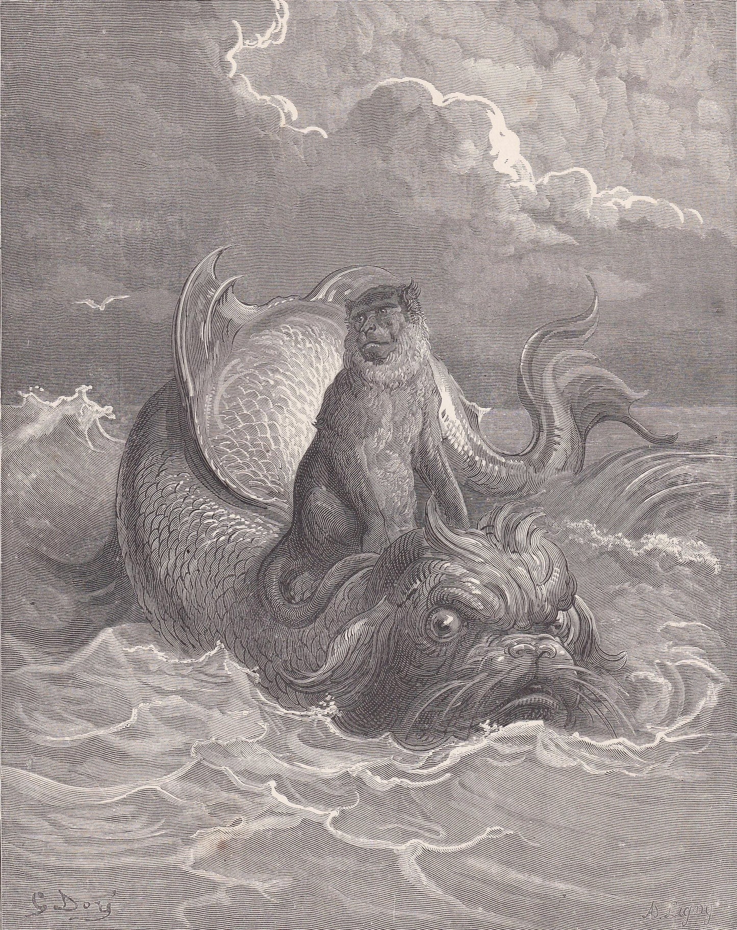 1870 GUSTAVE DORE Print - "The Monkey and the Dolphin" - Dore Wall Art - Dore Engraving - Aesop's Fable - 8.5 x 12.2 Inches