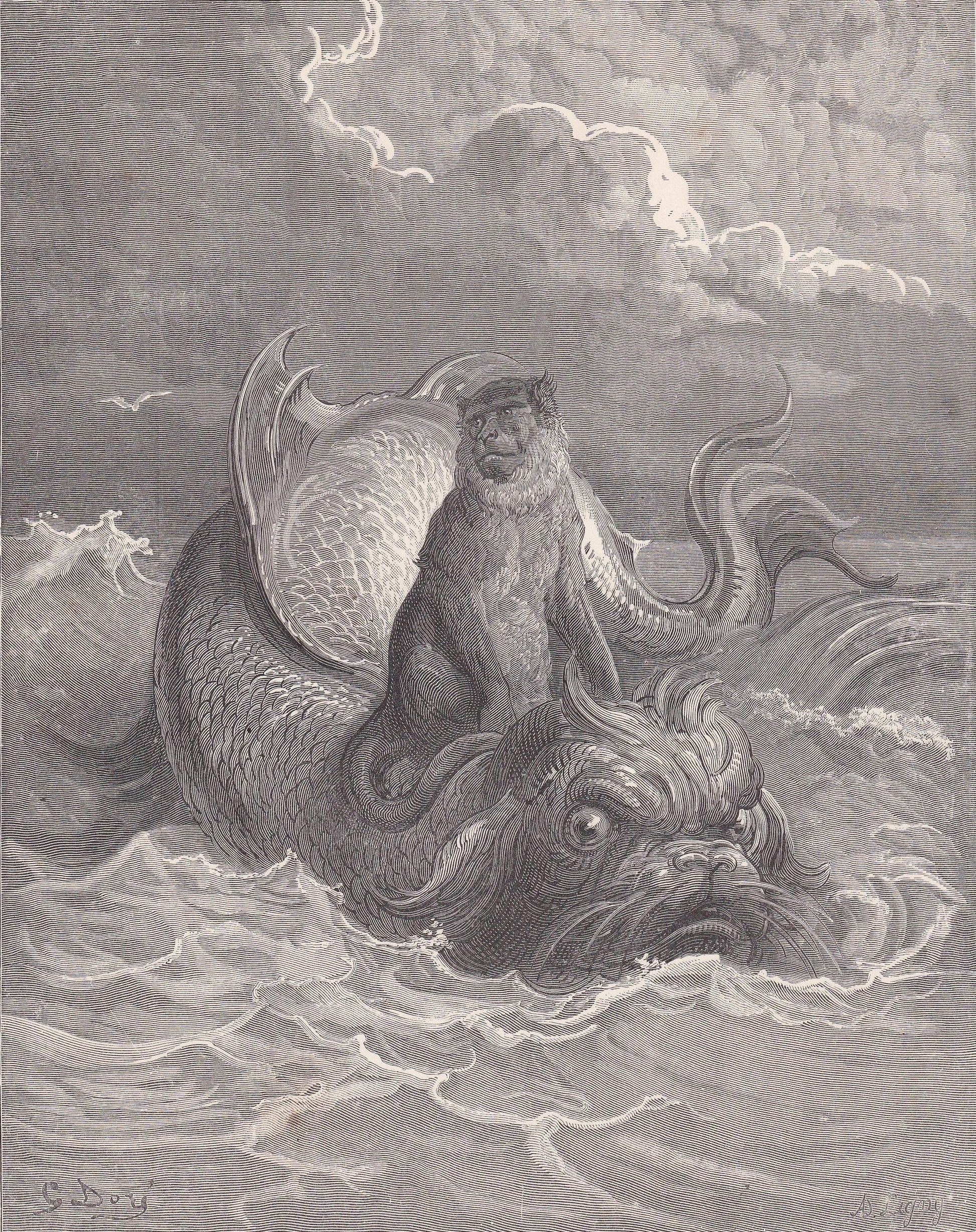 1870 GUSTAVE DORE Print - "The Monkey and the Dolphin" - Dore Wall Art - Dore Engraving - Aesop's Fable - 8.5 x 12.2 Inches