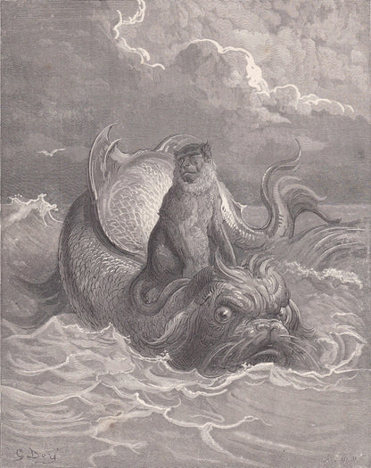 1870 GUSTAVE DORE Print - "The Monkey and the Dolphin" - Dore Wall Art - Dore Engraving - Aesop's Fable - 8.5 x 12.2 Inches