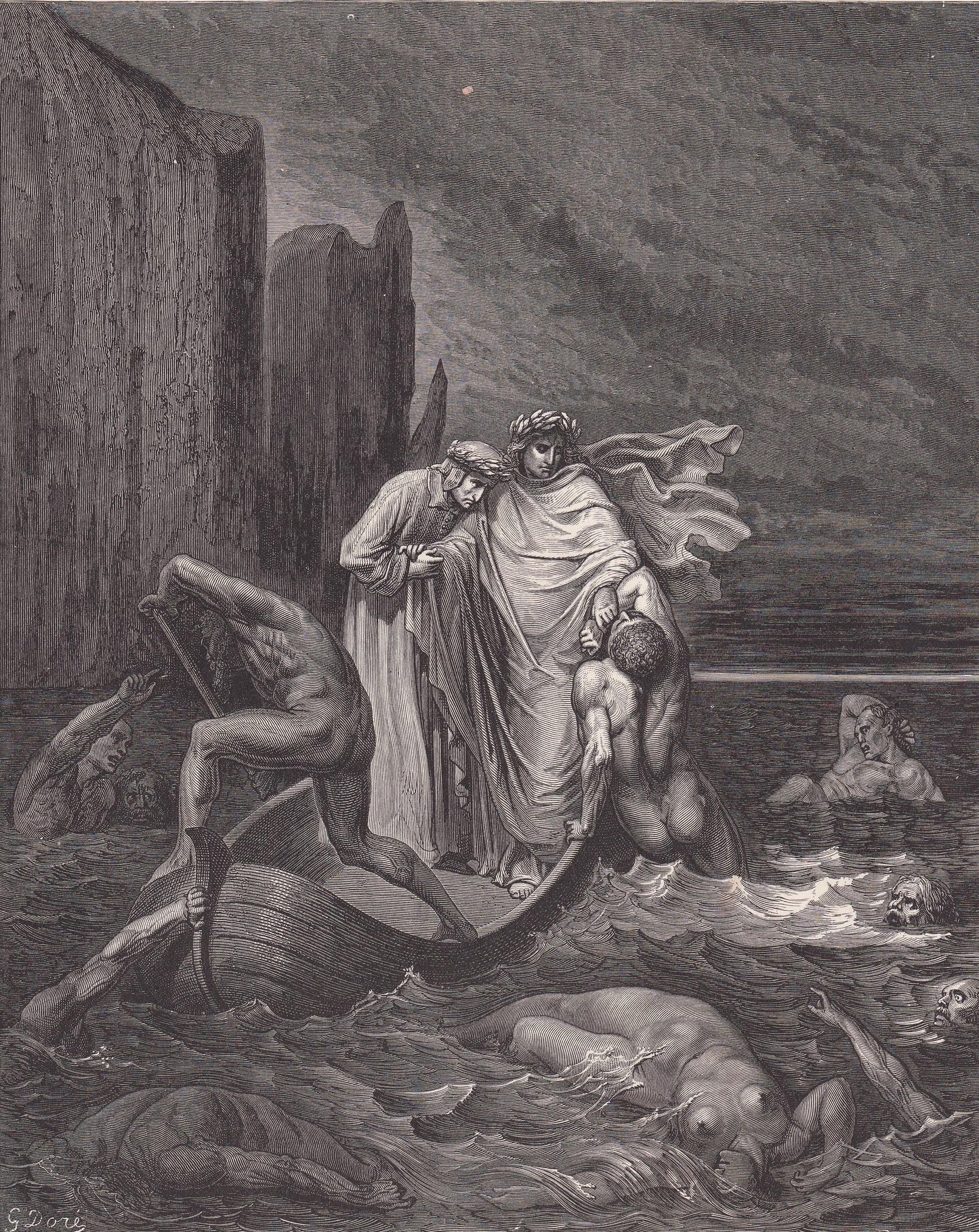1870 GUSTAVE DORE Print - "The Spirit of Filippo Argenti" - Dore Wall Art - Dore Engraving - Dante Inferno - 8.5 x 12.2 Inche