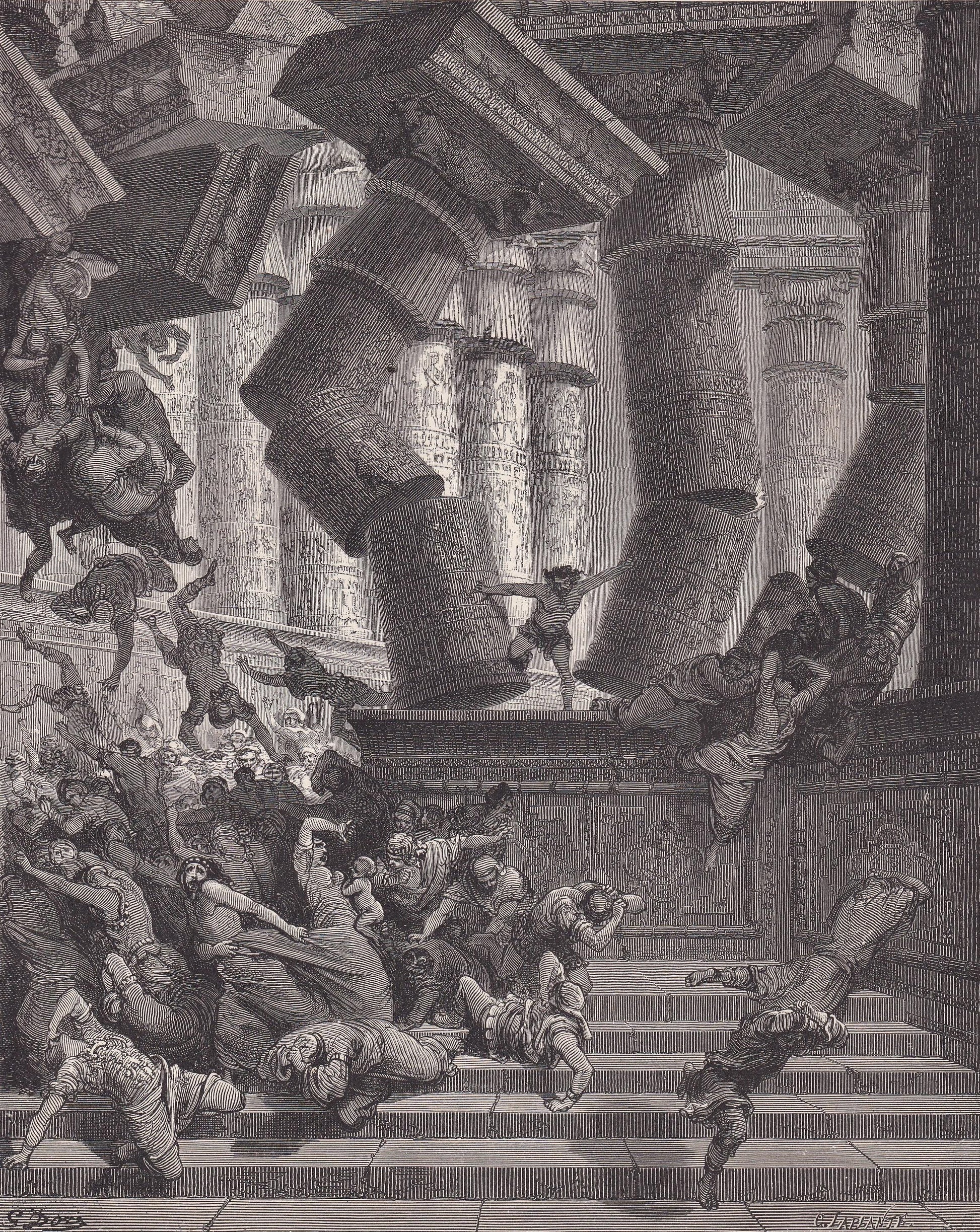 1870 GUSTAVE DORE Print - "The Death of Samson" - Dore Old Testament Bible Wall Art - Dore Engraving - 8.5 x 12.2 Inches