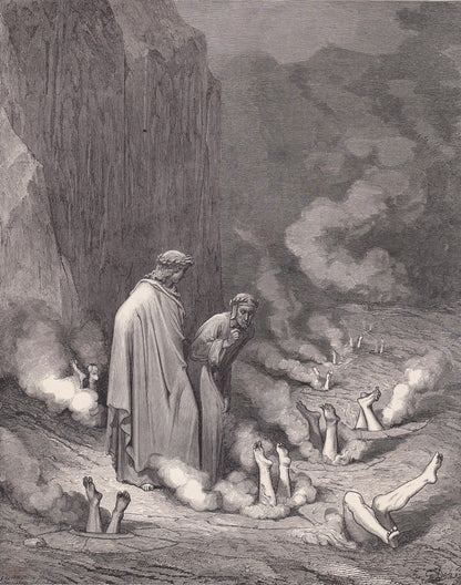 1870 GUSTAVE DORE Print - "The Punishment of Simonists" - Dore Wall Art - Dore Engraving - Dante Inferno Art - 8.5 x 12.2 Inc