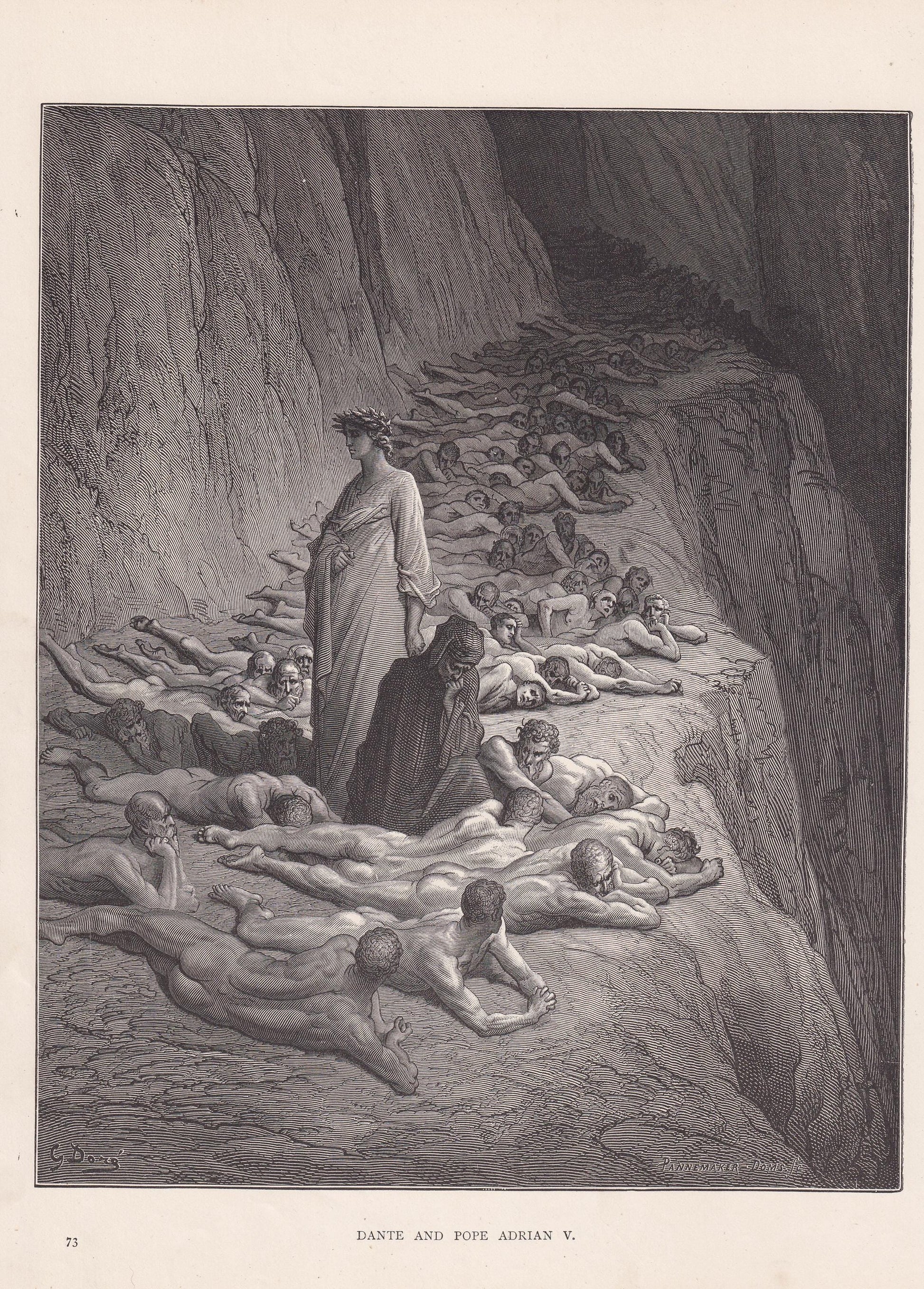 1870 GUSTAVE DORE Print - "Dante and Pope Adrian V" - Antique Dore Wall Art - Dore Dante Inferno Decor - 8.5 x 12.8 Inches