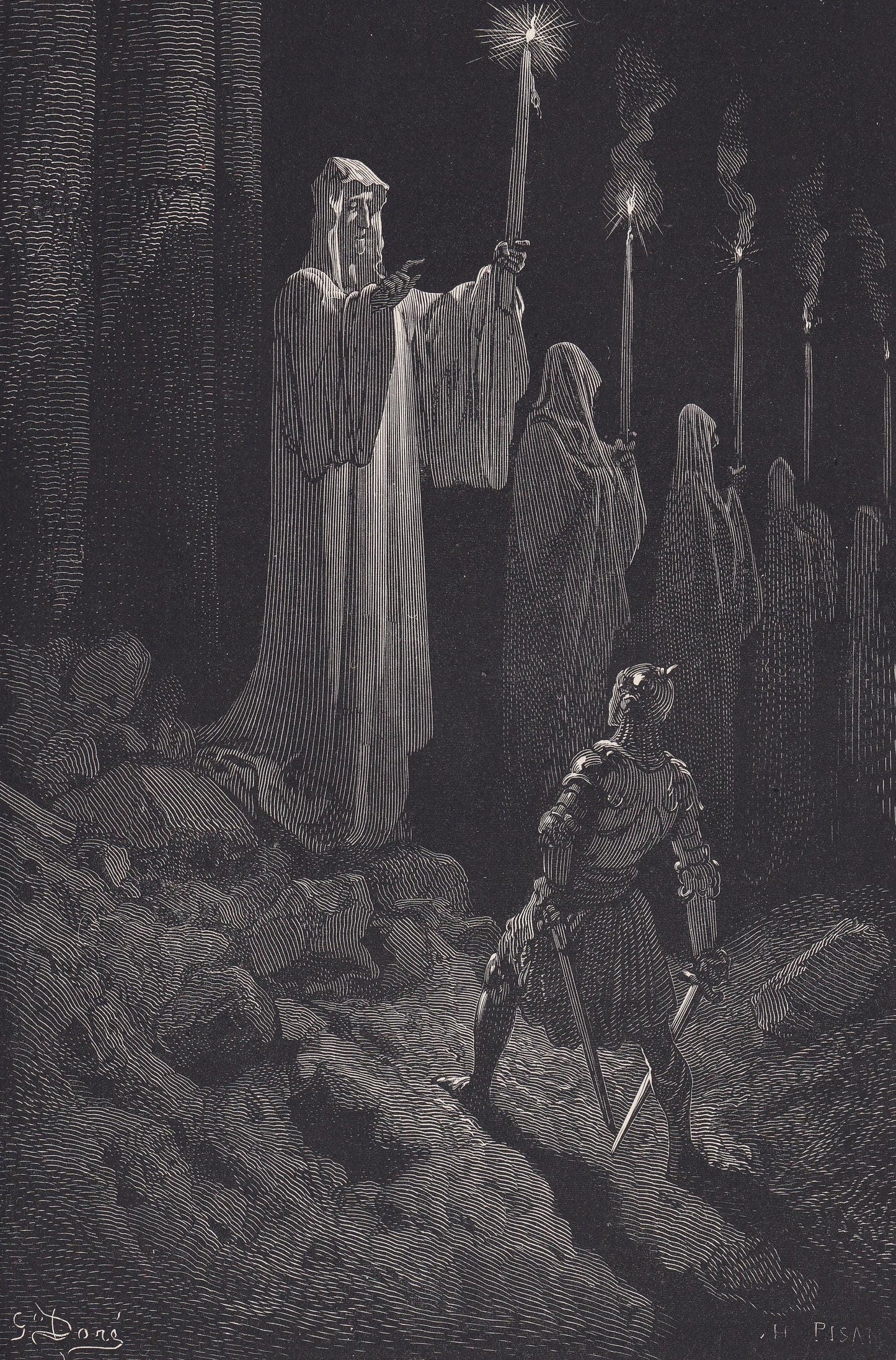 1870 GUSTAVE DORE Print - "The Corpse Candles" - Antique Dore Wall Art - Dore Dante Inferno Decor - 8.5 x 12.8 Inches