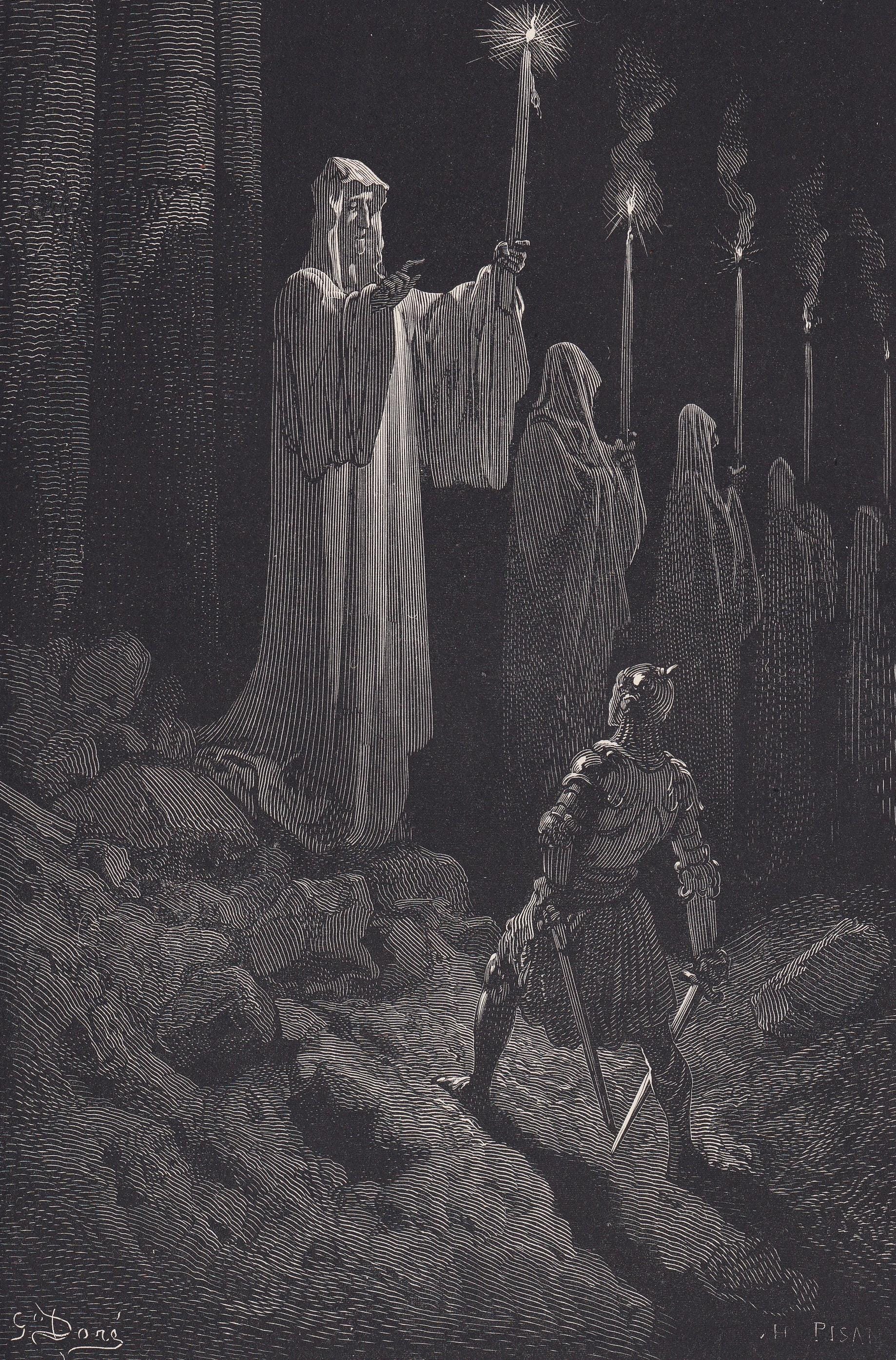 1870 GUSTAVE DORE Print - "The Corpse Candles" - Antique Dore Wall Art - Dore Dante Inferno Decor - 8.5 x 12.8 Inches
