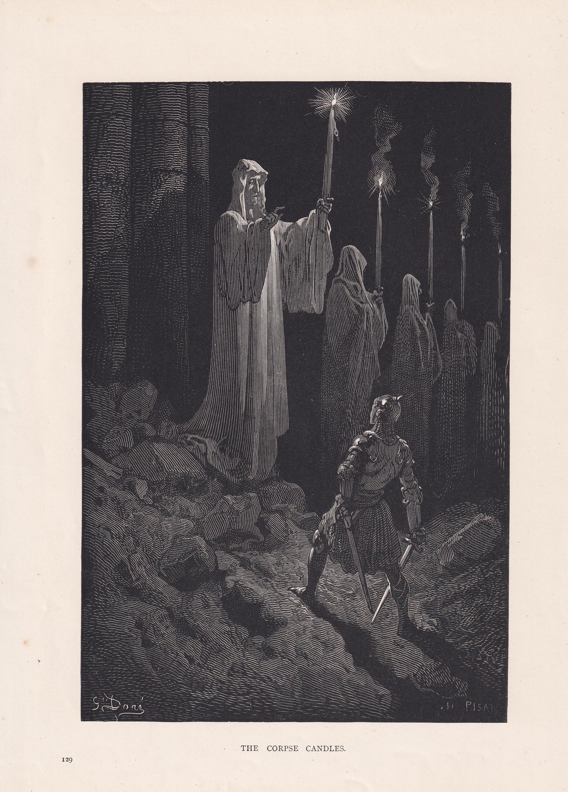 1870 GUSTAVE DORE Print - "The Corpse Candles" - Antique Dore Wall Art - Dore Dante Inferno Decor - 8.5 x 12.8 Inches