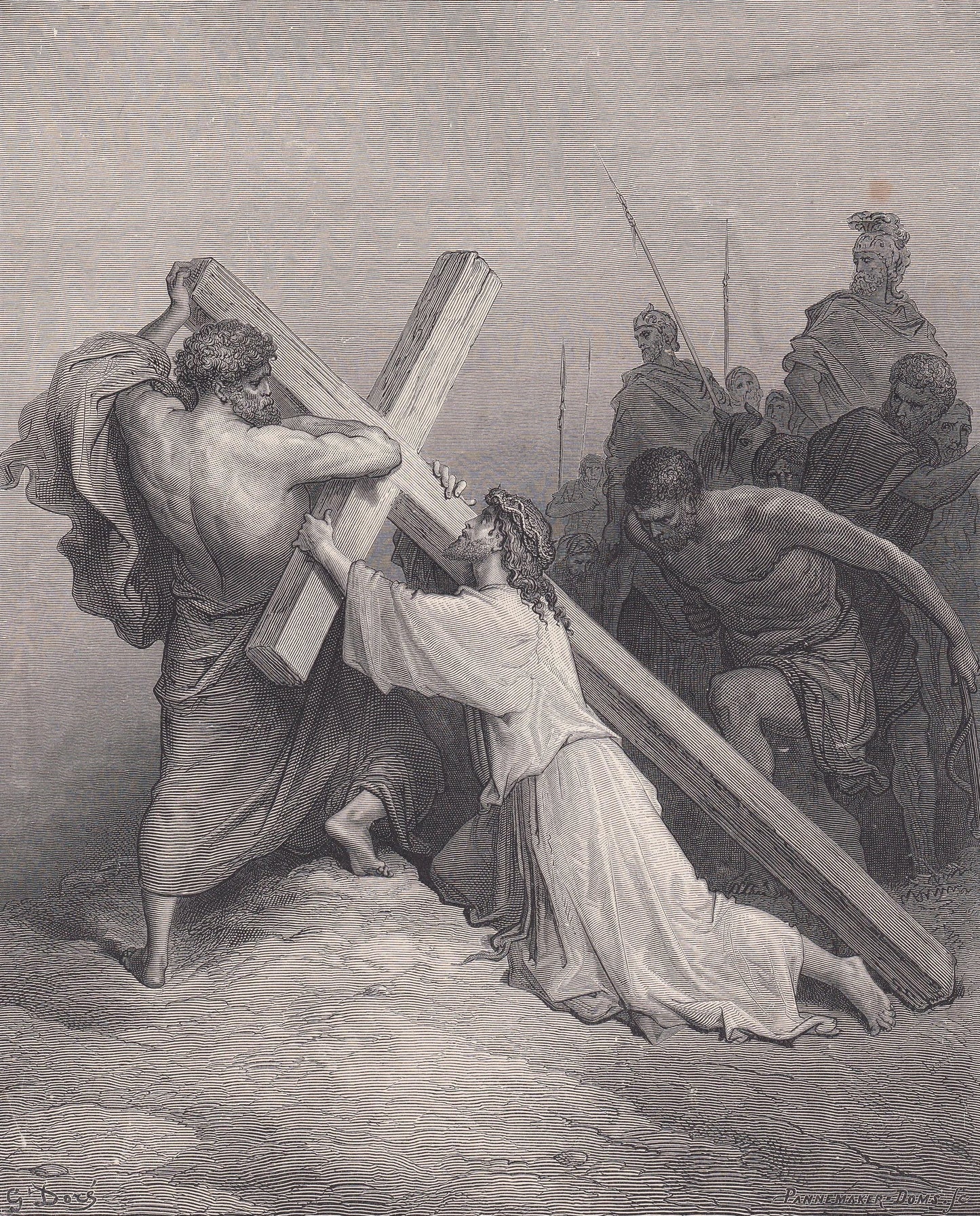 1870 GUSTAVE DORE Print - "Jesus Falling Beneath the Cross" - Antique Dore Wall Art - Dore Christian Bible Decor - 8.5 x 12.8 Inches