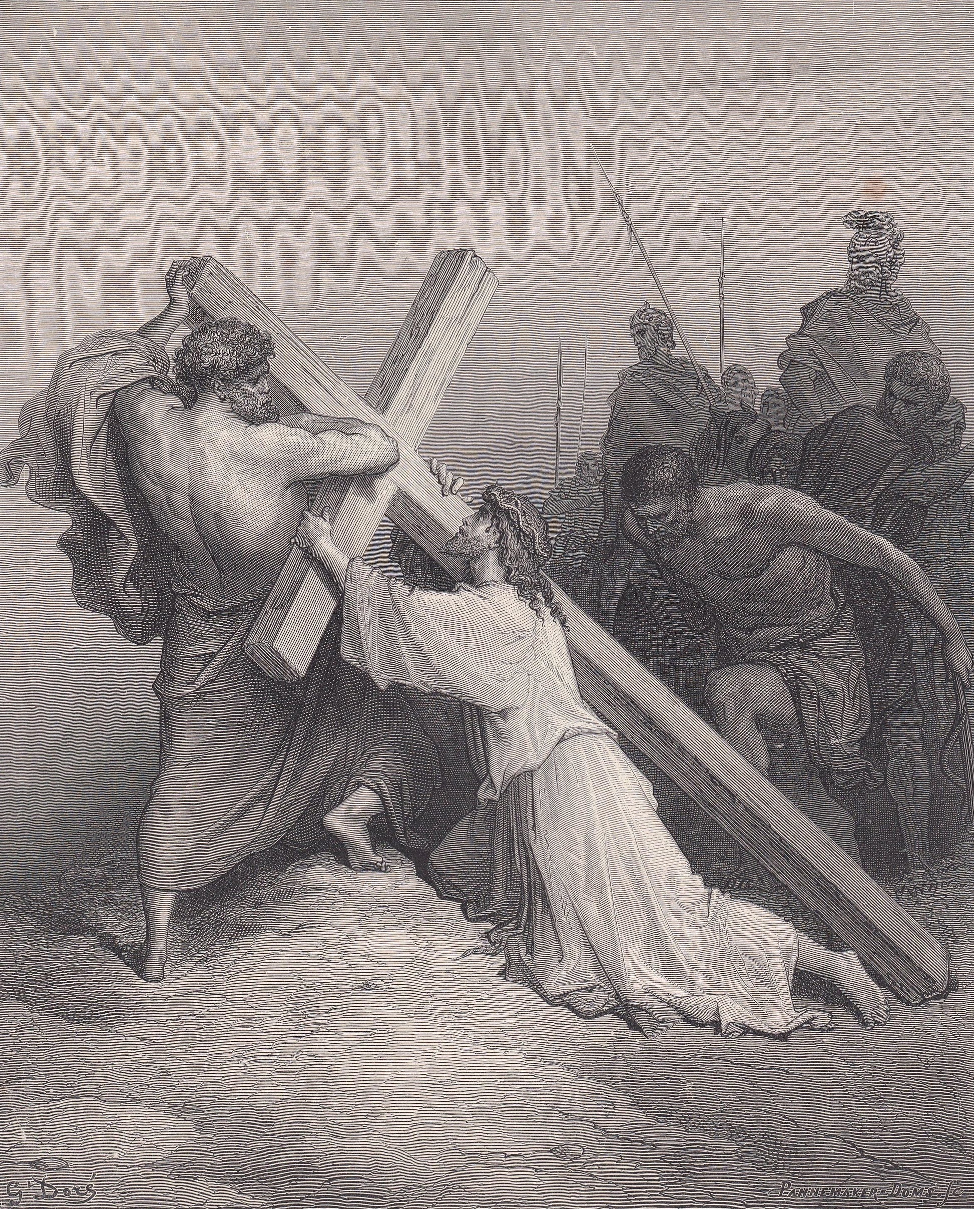 1870 GUSTAVE DORE Print - "Jesus Falling Beneath the Cross" - Antique Dore Wall Art - Dore Christian Bible Decor - 8.5 x 12.8 Inches