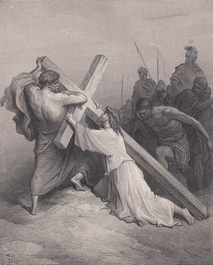 1870 GUSTAVE DORE Print - "Jesus Falling Beneath the Cross" - Antique Dore Wall Art - Dore Christian Bible Decor - 8.5 x 12.8 Inches