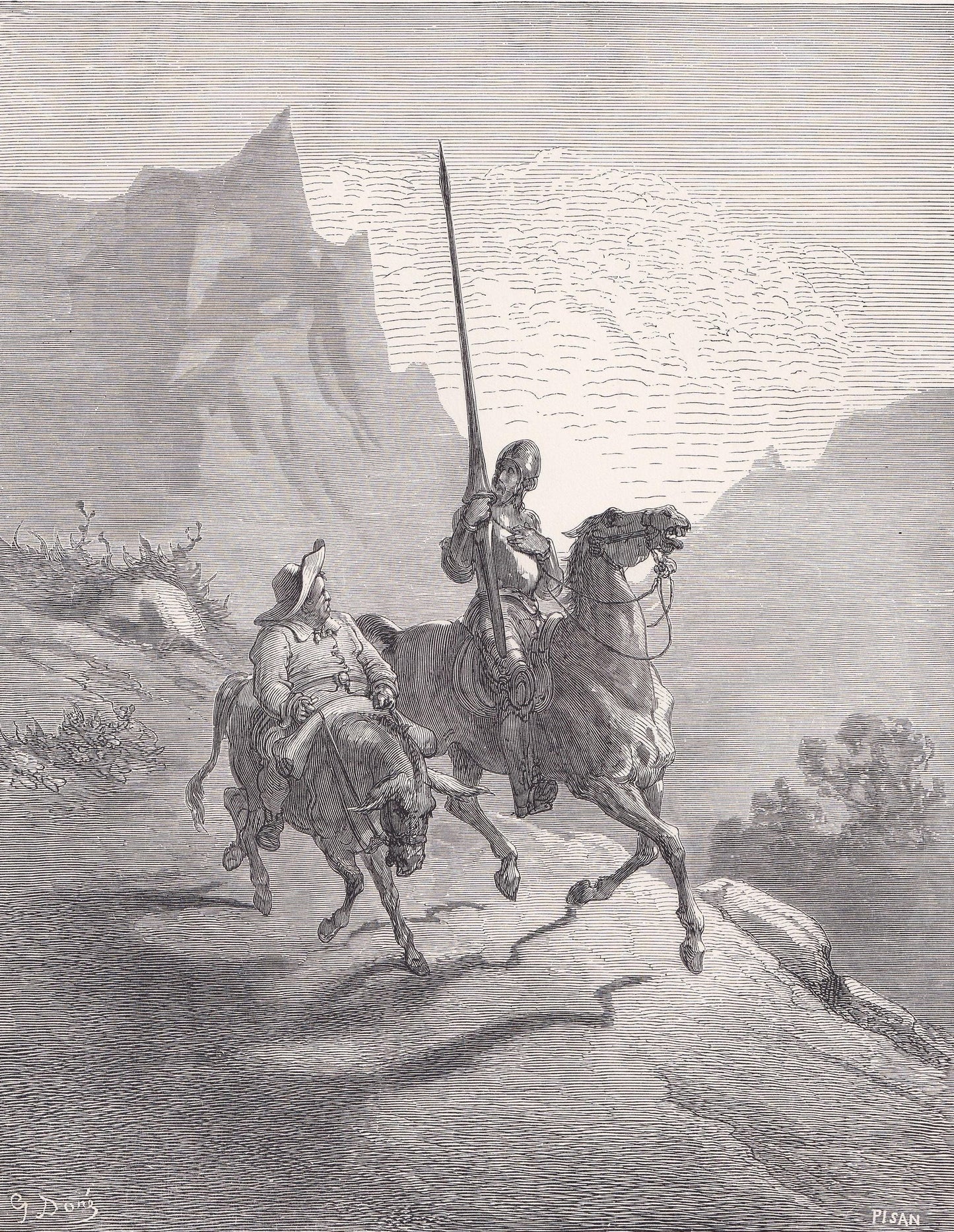 1870 GUSTAVE DORE Print - "Don Quixote and Sancho Setting Out" - Antique Dore Wall Art - Dore Engraving Decor - 8.5 x 12.2 In