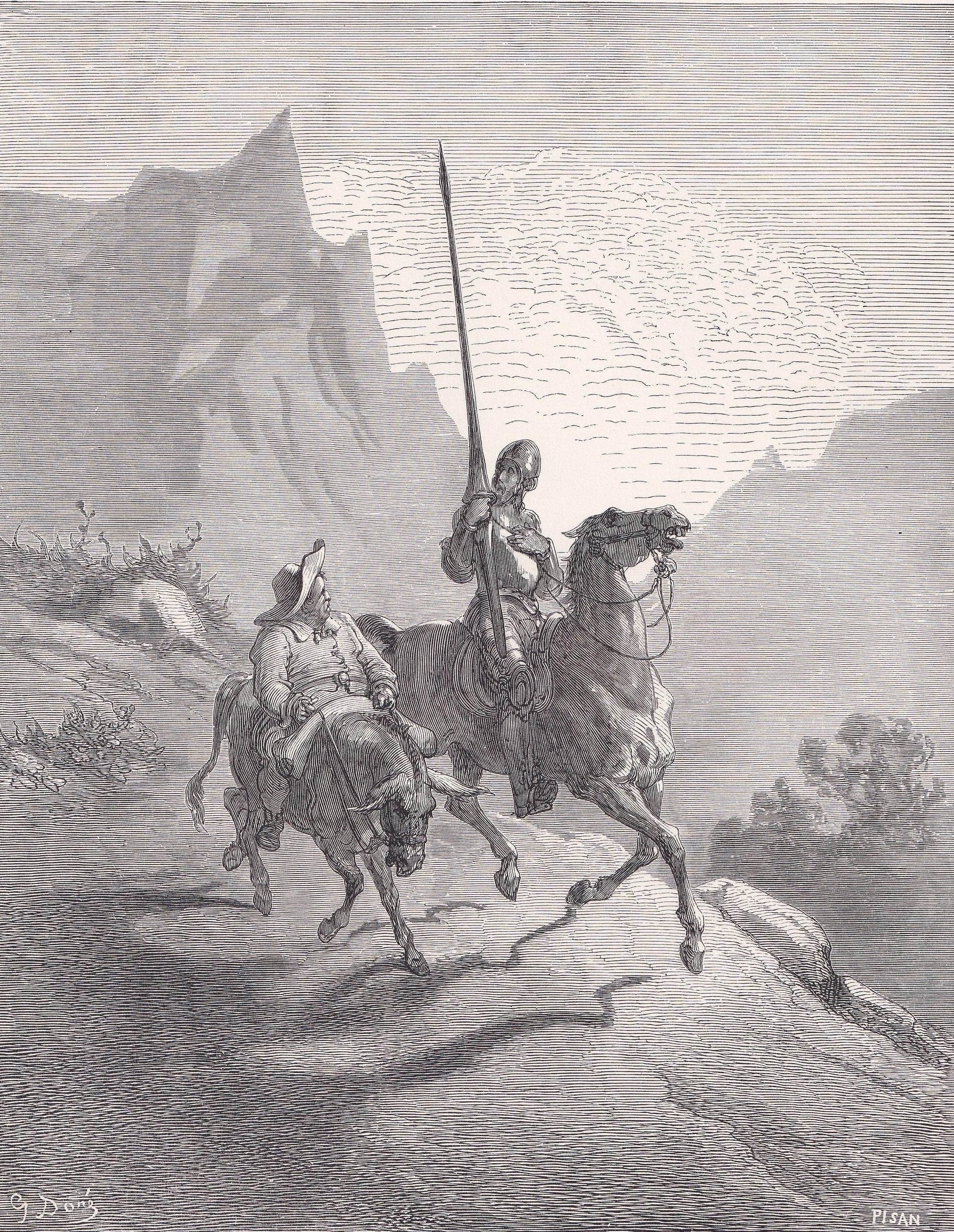 1870 GUSTAVE DORE Print - "Don Quixote and Sancho Setting Out" - Antique Dore Wall Art - Dore Engraving Decor - 8.5 x 12.2 In