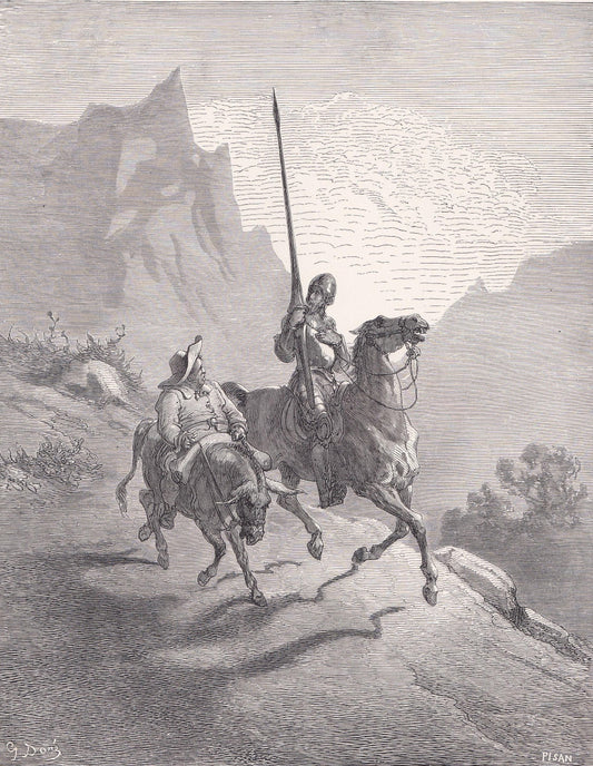 1870 GUSTAVE DORE Print - "Don Quixote and Sancho Setting Out" - Antique Dore Wall Art - Dore Engraving Decor - 8.5 x 12.2 In