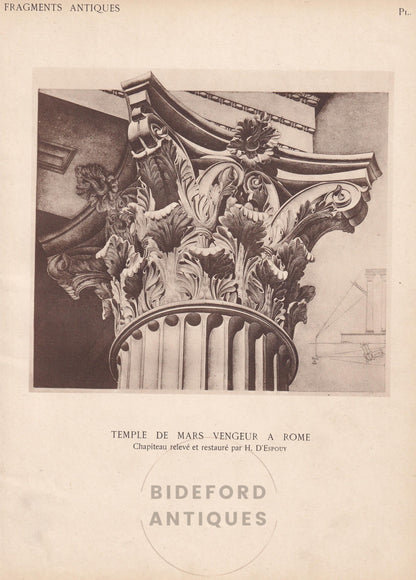 c. 1910 CORINTHIAN CAPITAL, Temple of Mars Ultur - Roman Architecture Print - Roman Greek History - Gift Decor - 8.6 x 12 Inc