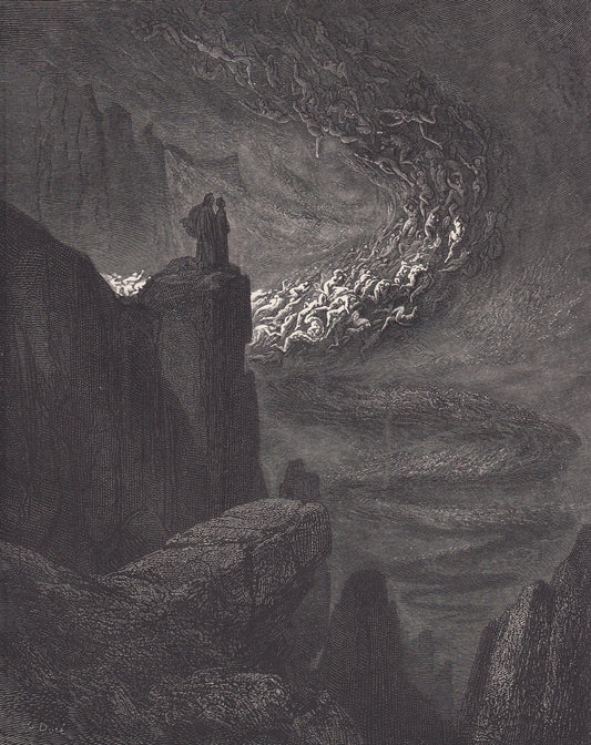1870 GUSTAVE DORE Print - "The Tempest of Hell" - Antique Dore Wall Art - Dore Christian Bible Decor - 8.5 x 12.8 Inches