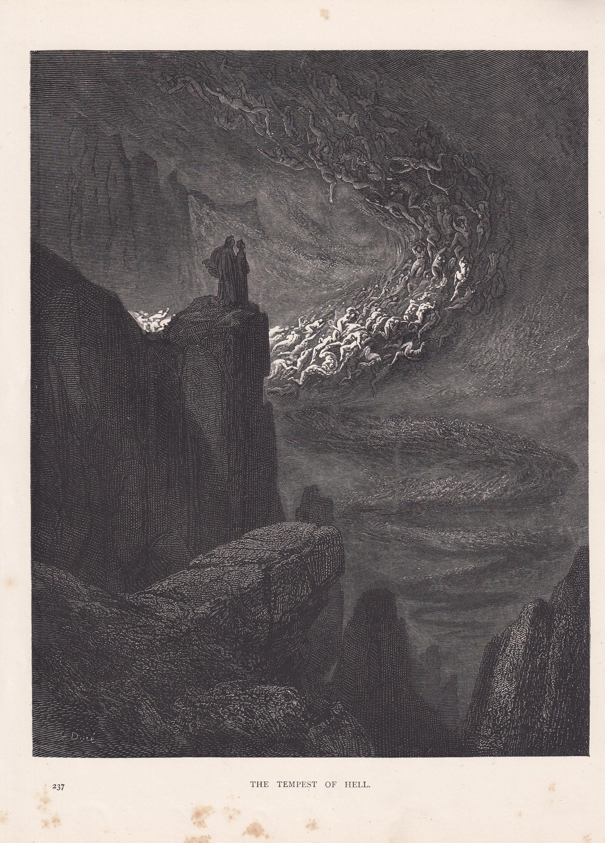 1870 GUSTAVE DORE Print - "The Tempest of Hell" - Antique Dore Wall Art - Dore Christian Bible Decor - 8.5 x 12.8 Inches