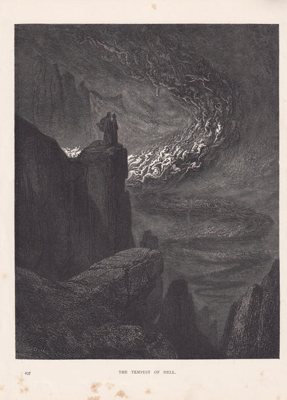 1870 GUSTAVE DORE Print - "The Tempest of Hell" - Antique Dore Wall Art - Dore Christian Bible Decor - 8.5 x 12.8 Inches