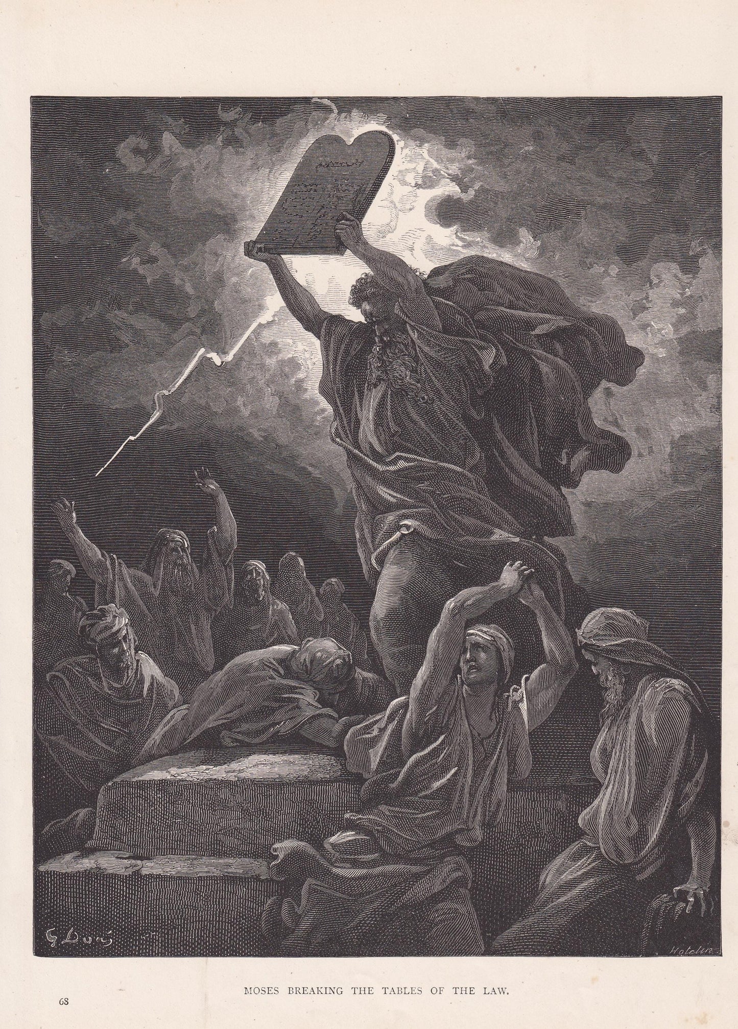 1870 GUSTAVE DORE Print - "Moses Breaking the Tablets of the Law" - Dore Bible Wall Art - Dore Engraving - 8.5 x 12.2 Inches